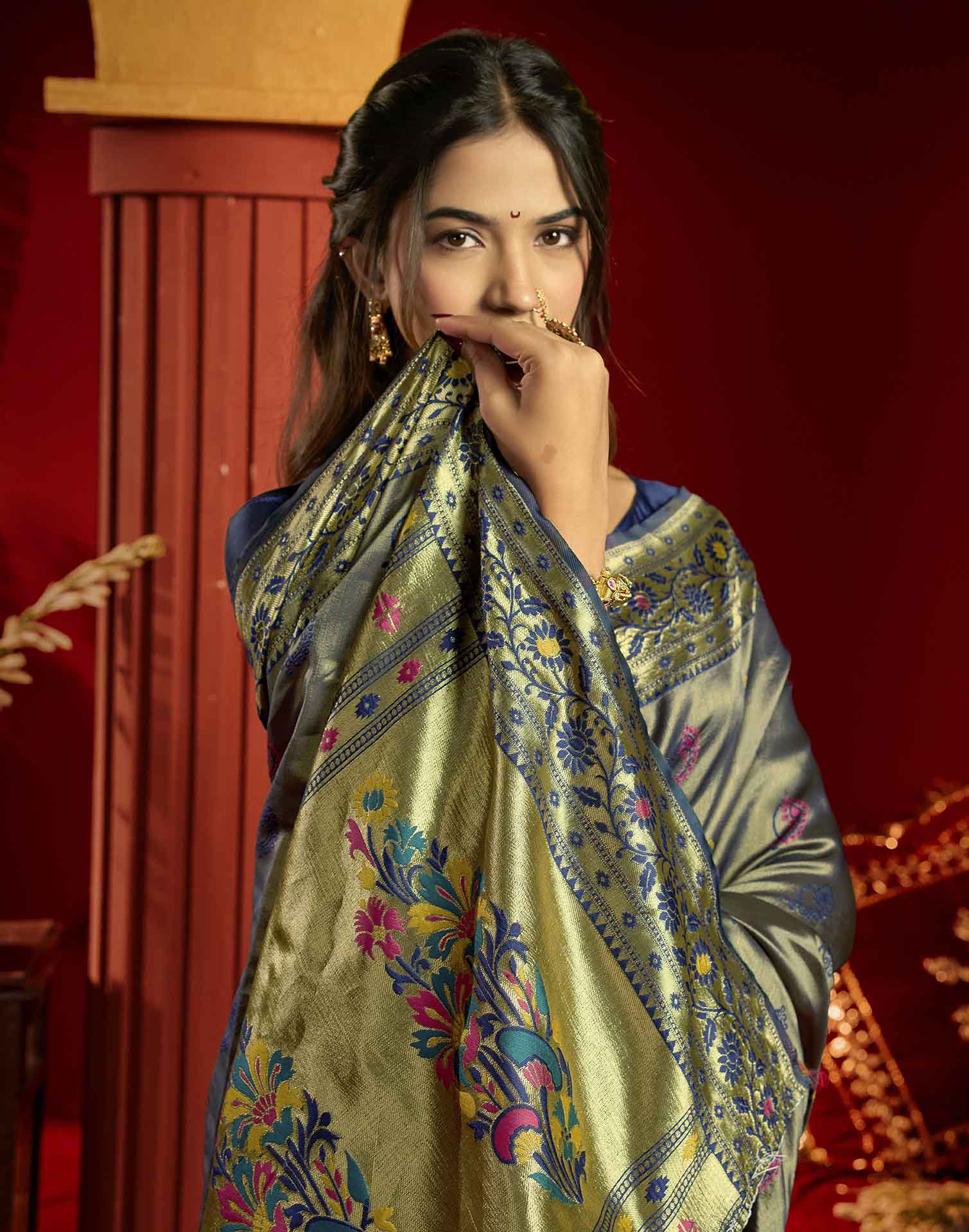 Navy Blue Silk Woven Paithani Saree