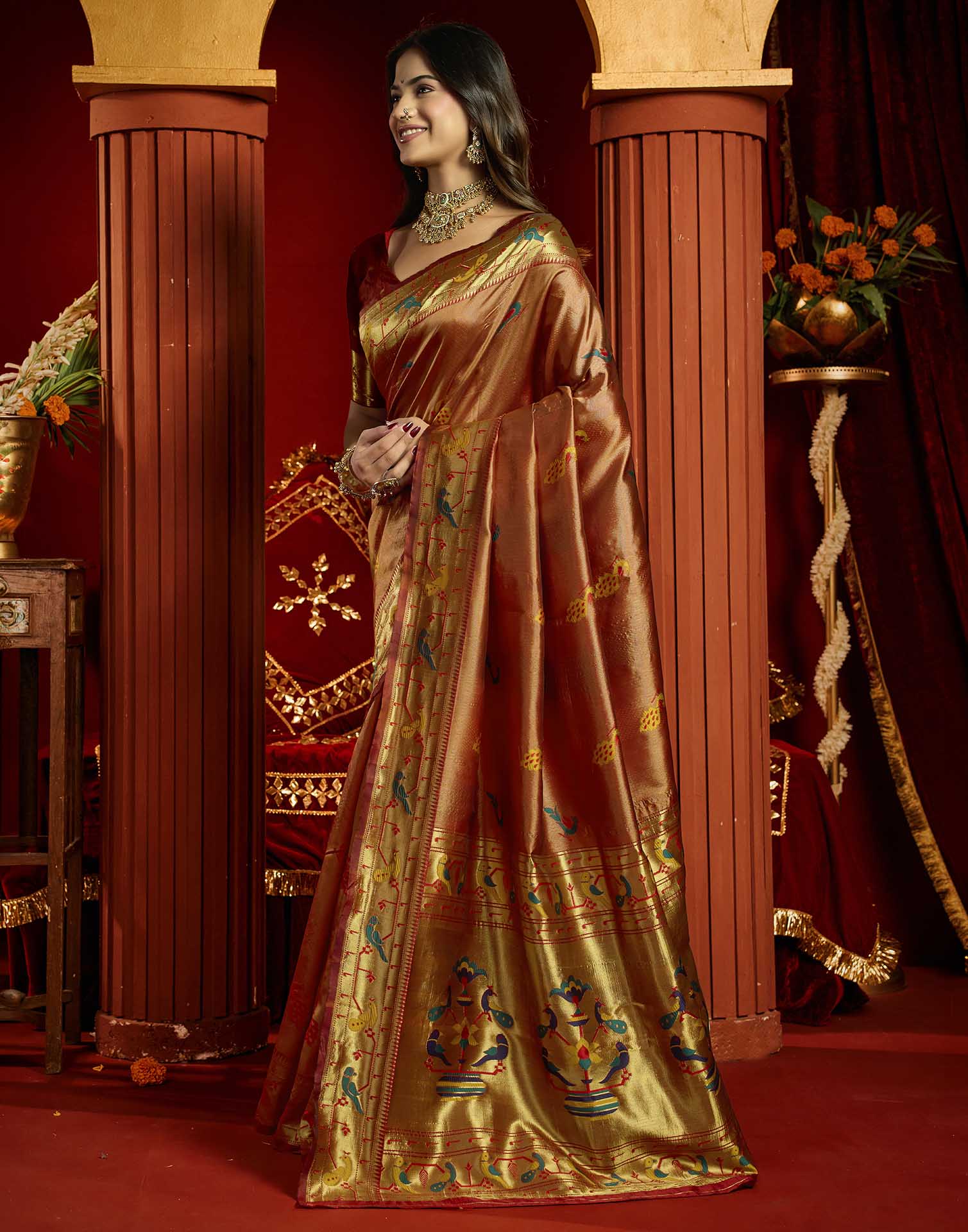 Rust Silk Woven Paithani Saree