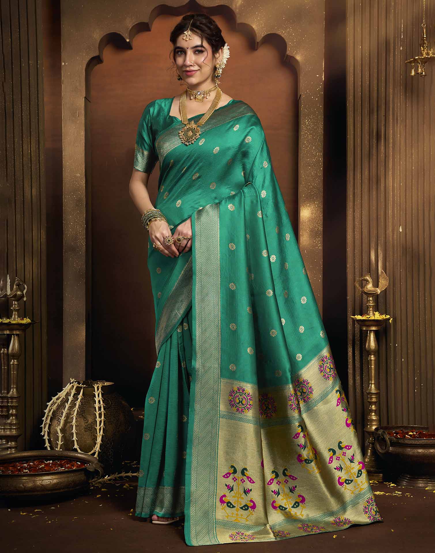 Turquoise Silk Woven Paithani Saree
