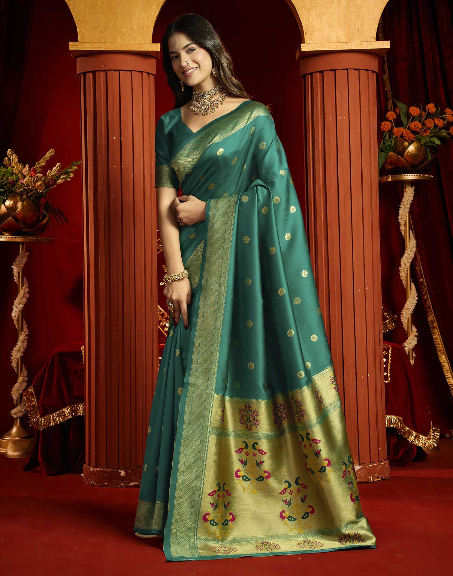 Teal Blue Silk Woven Paithani Saree