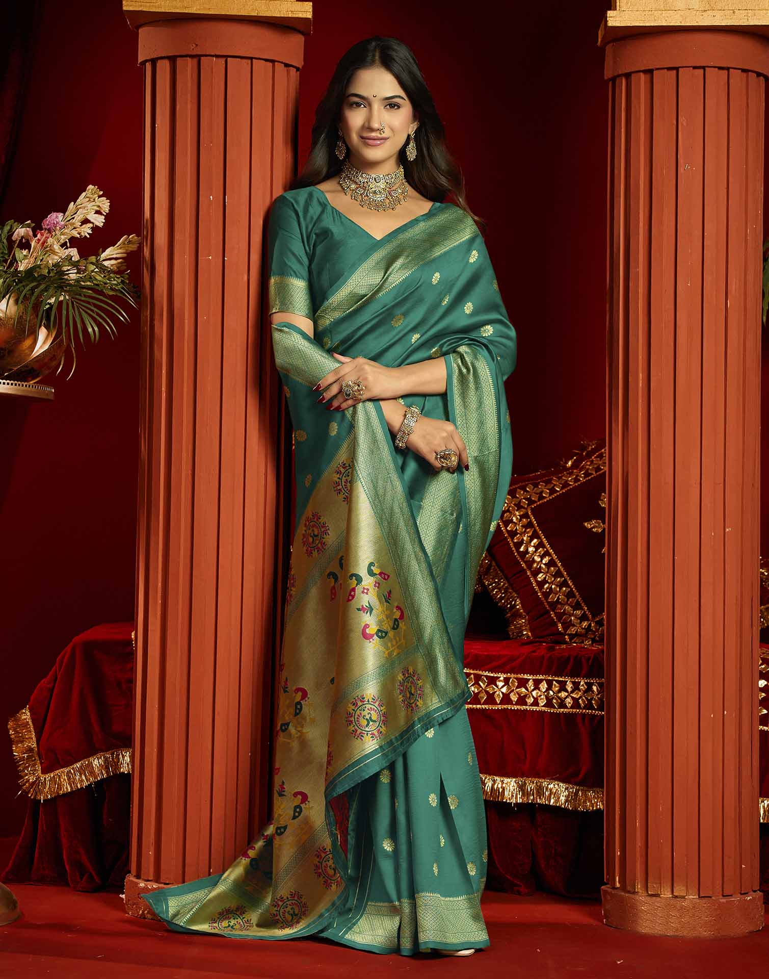 Teal Blue Silk Woven Paithani Saree