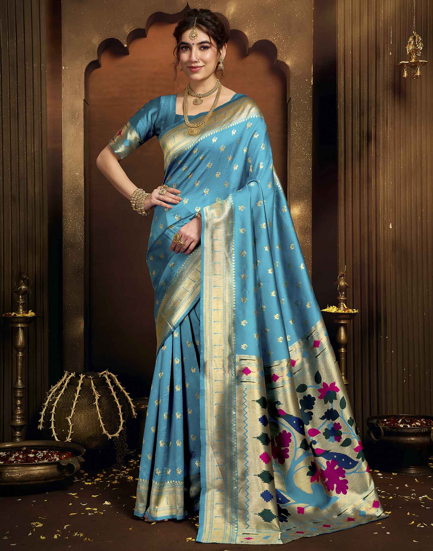 Sky Blue Silk Woven Paithani Saree