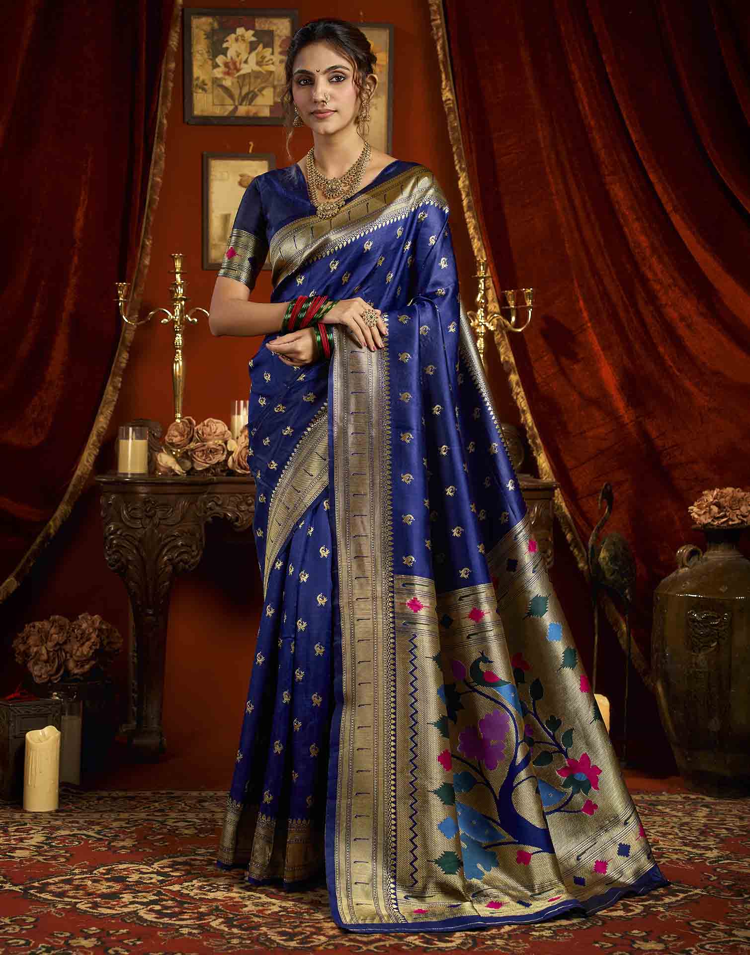 Navy Blue Silk Woven Paithani Saree