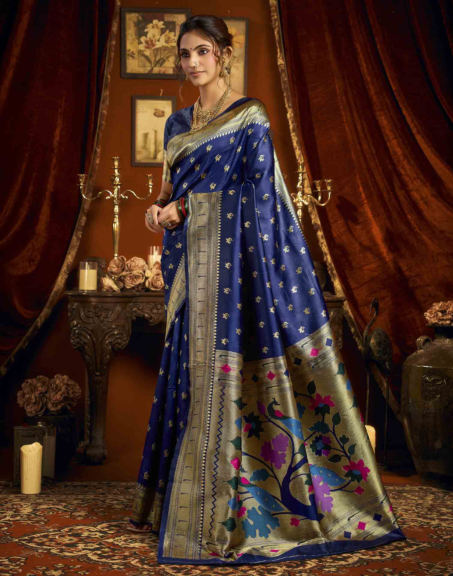 Navy Blue Silk Woven Paithani Saree
