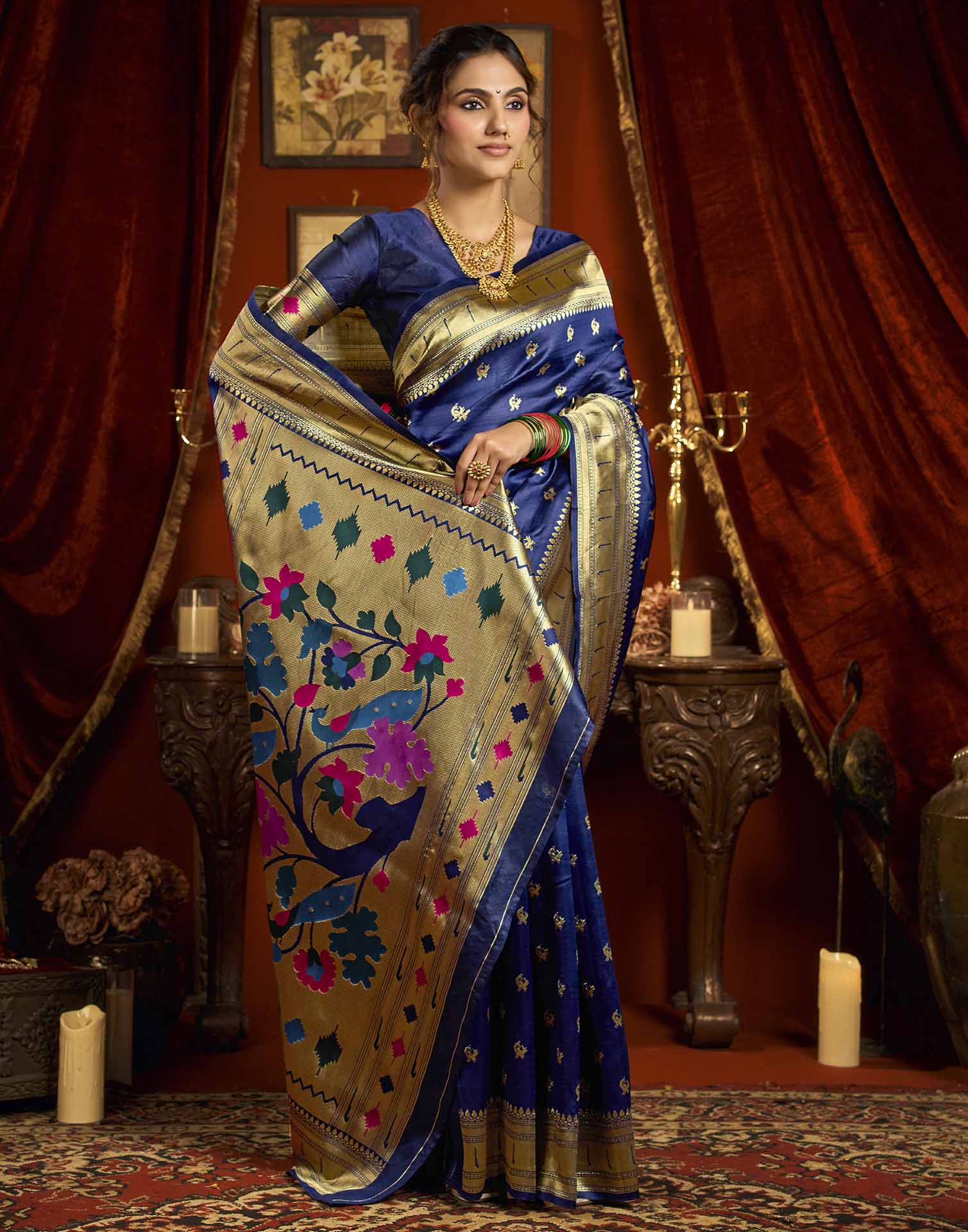 Navy Blue Silk Woven Paithani Saree