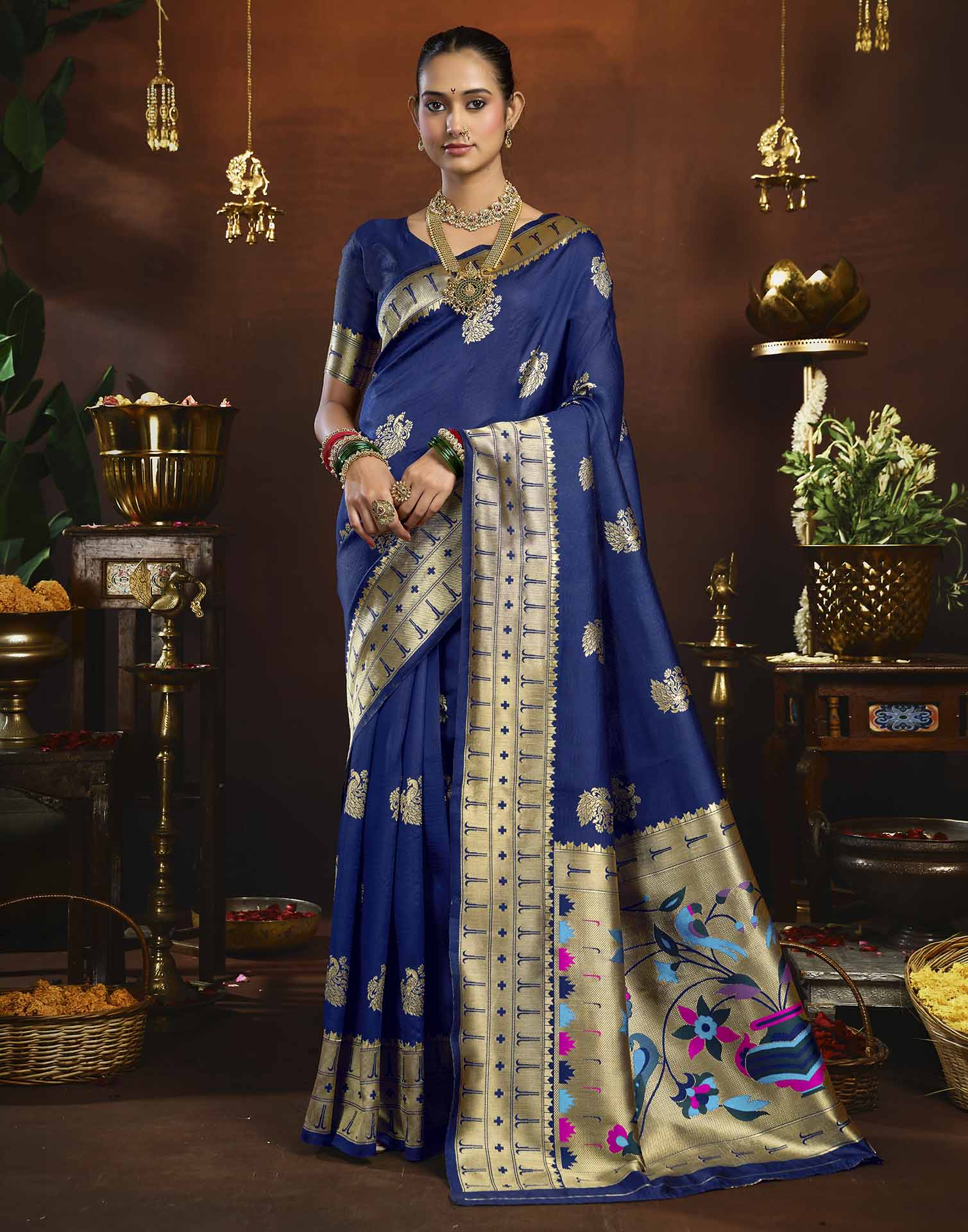 Navy Blue Silk Woven Paithani Saree