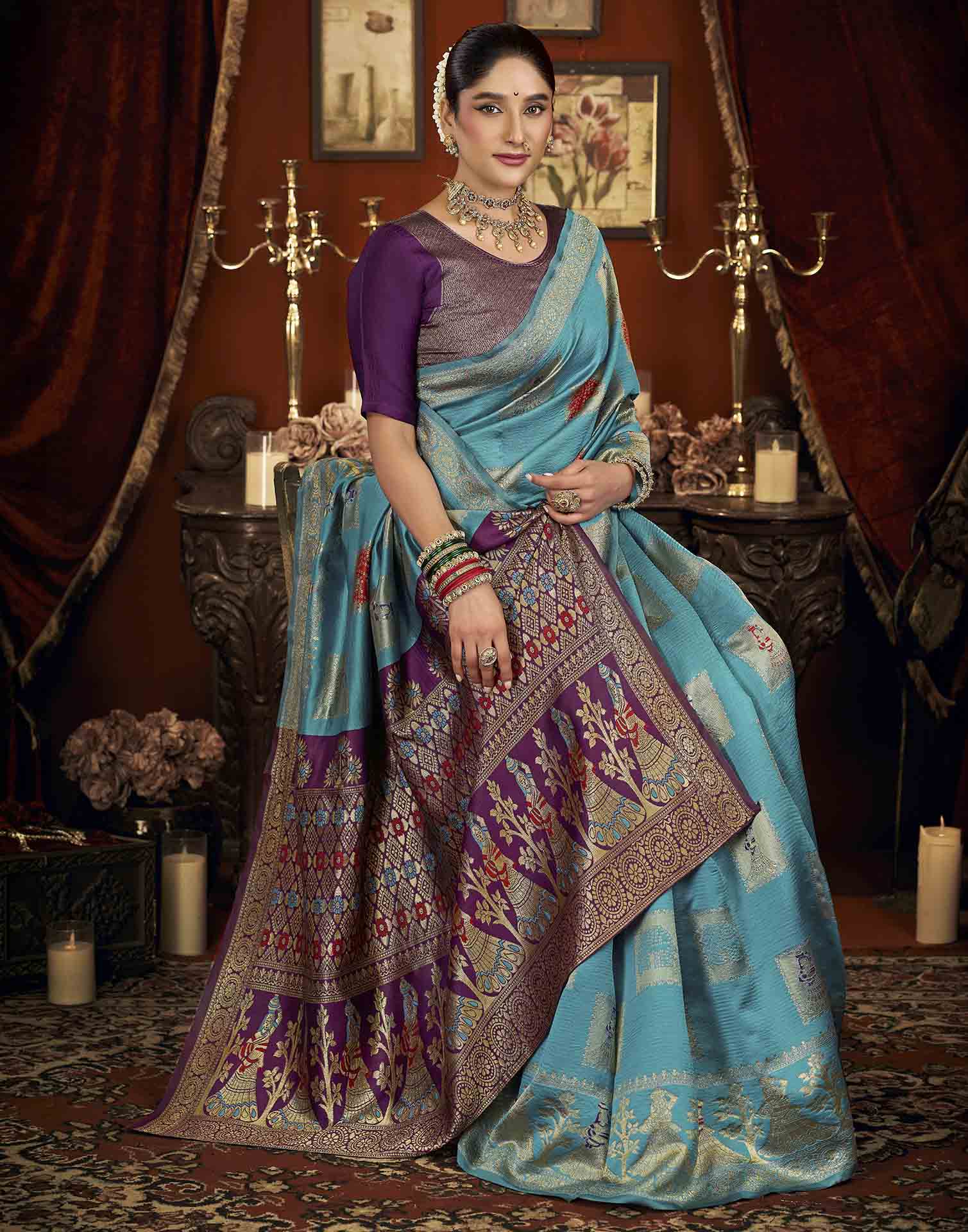 Sky Blue Silk Woven Banarasi Saree