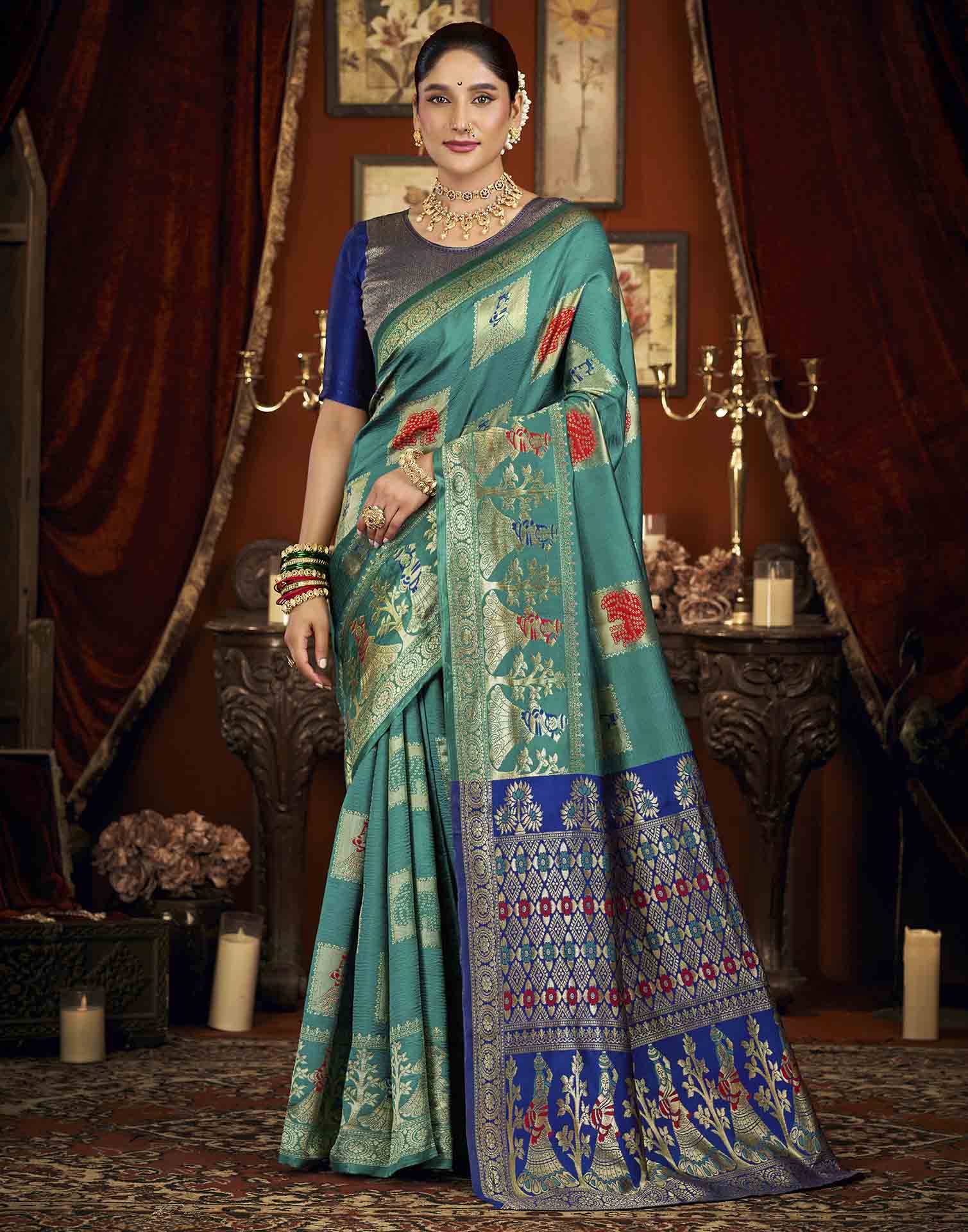Turquoise Silk Woven Banarasi Saree