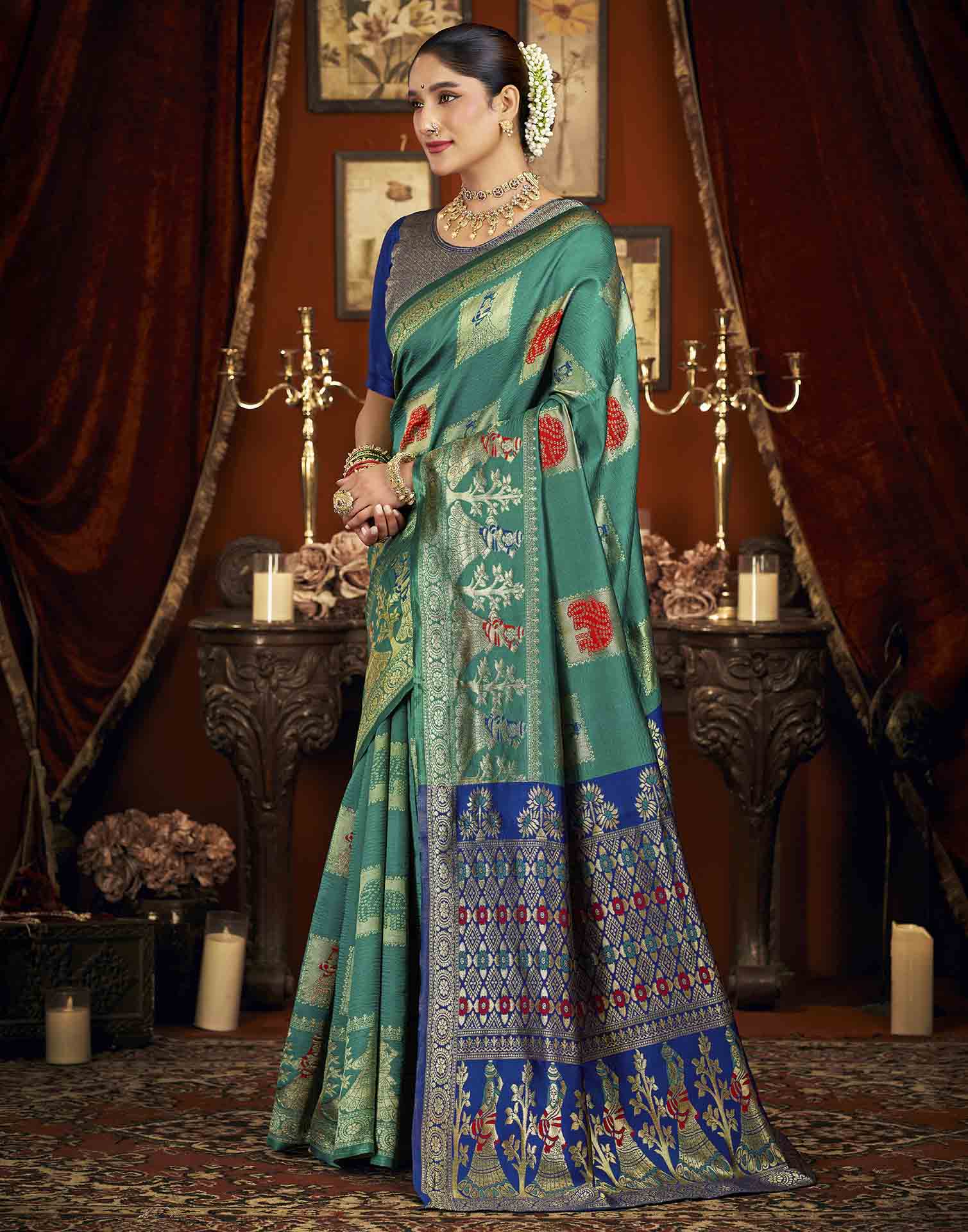 Turquoise Silk Woven Banarasi Saree