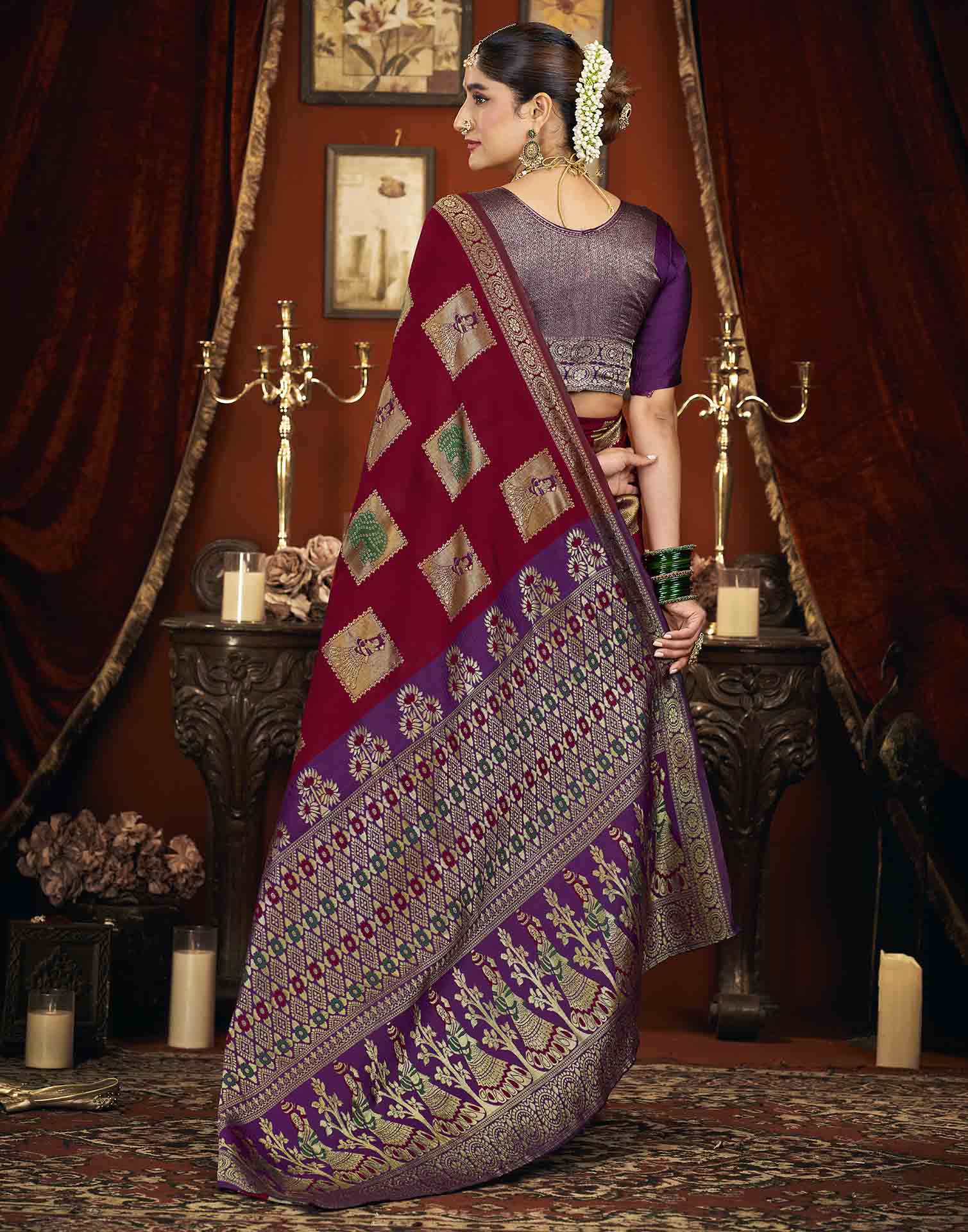 Maroon Silk Woven Banarasi Saree
