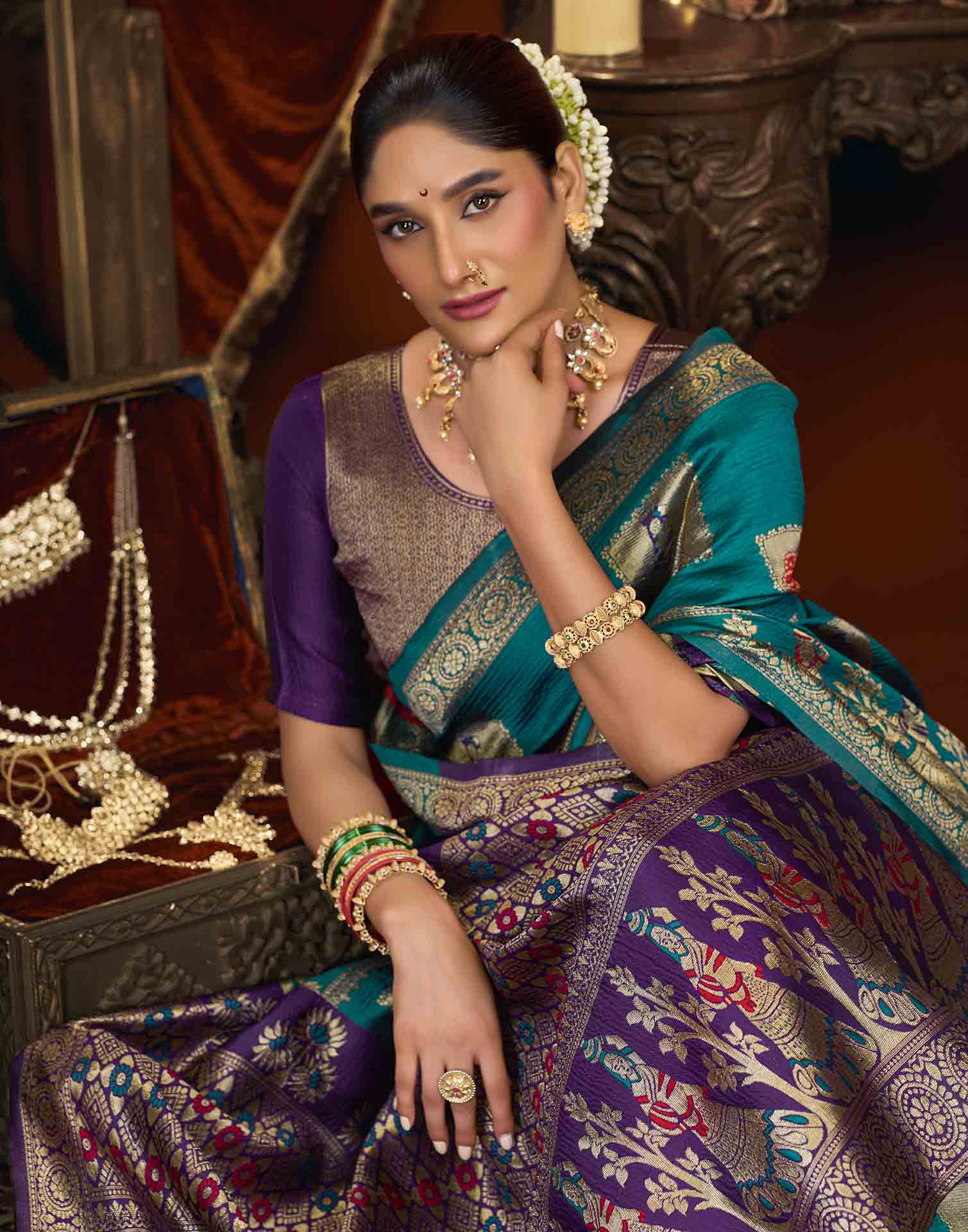 Rama Blue Silk Woven Banarasi Saree