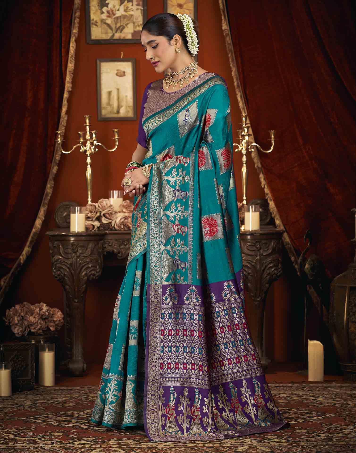 Rama Blue Silk Woven Banarasi Saree