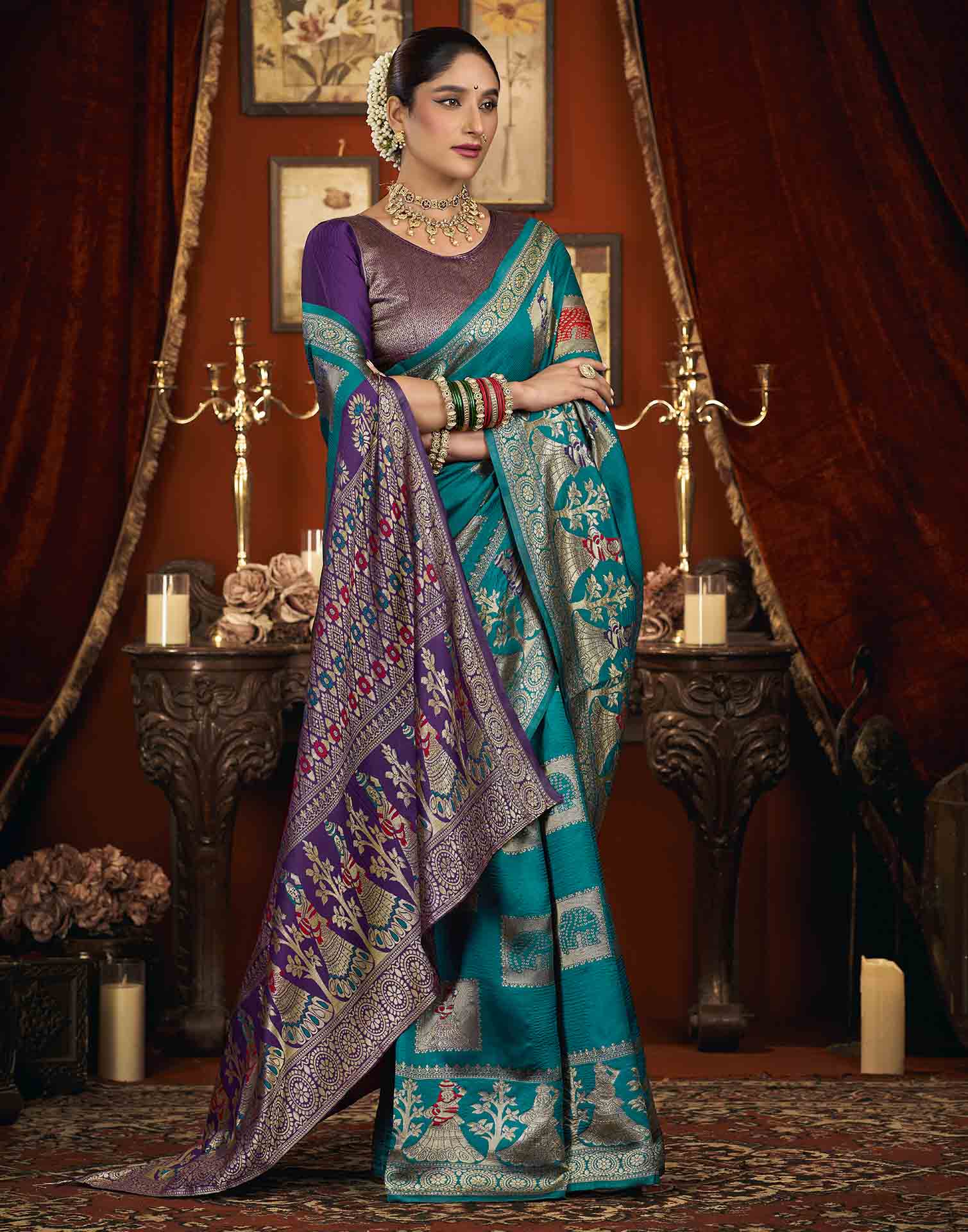 Rama Blue Silk Woven Banarasi Saree