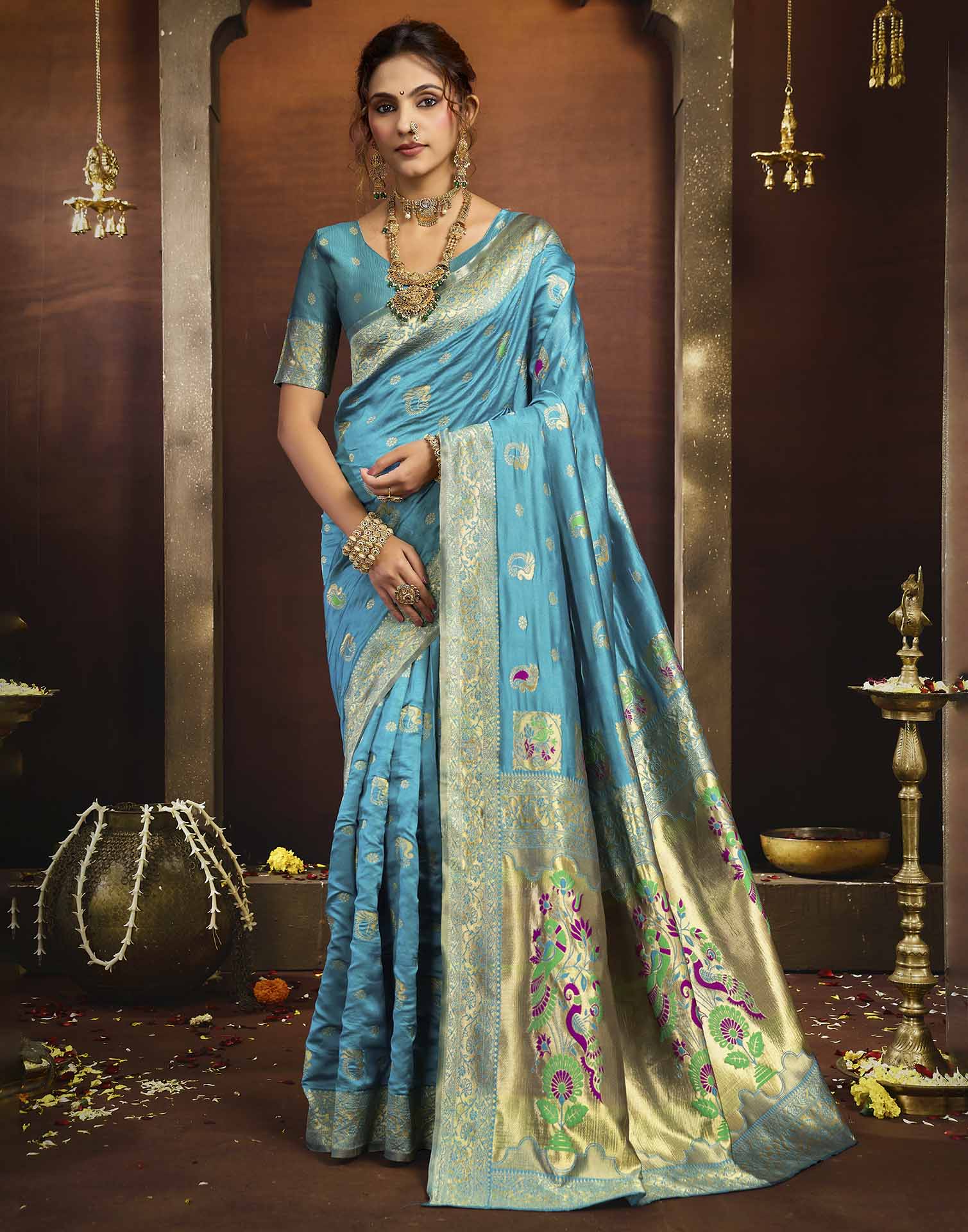 Sky Blue Silk Woven Paithani Saree