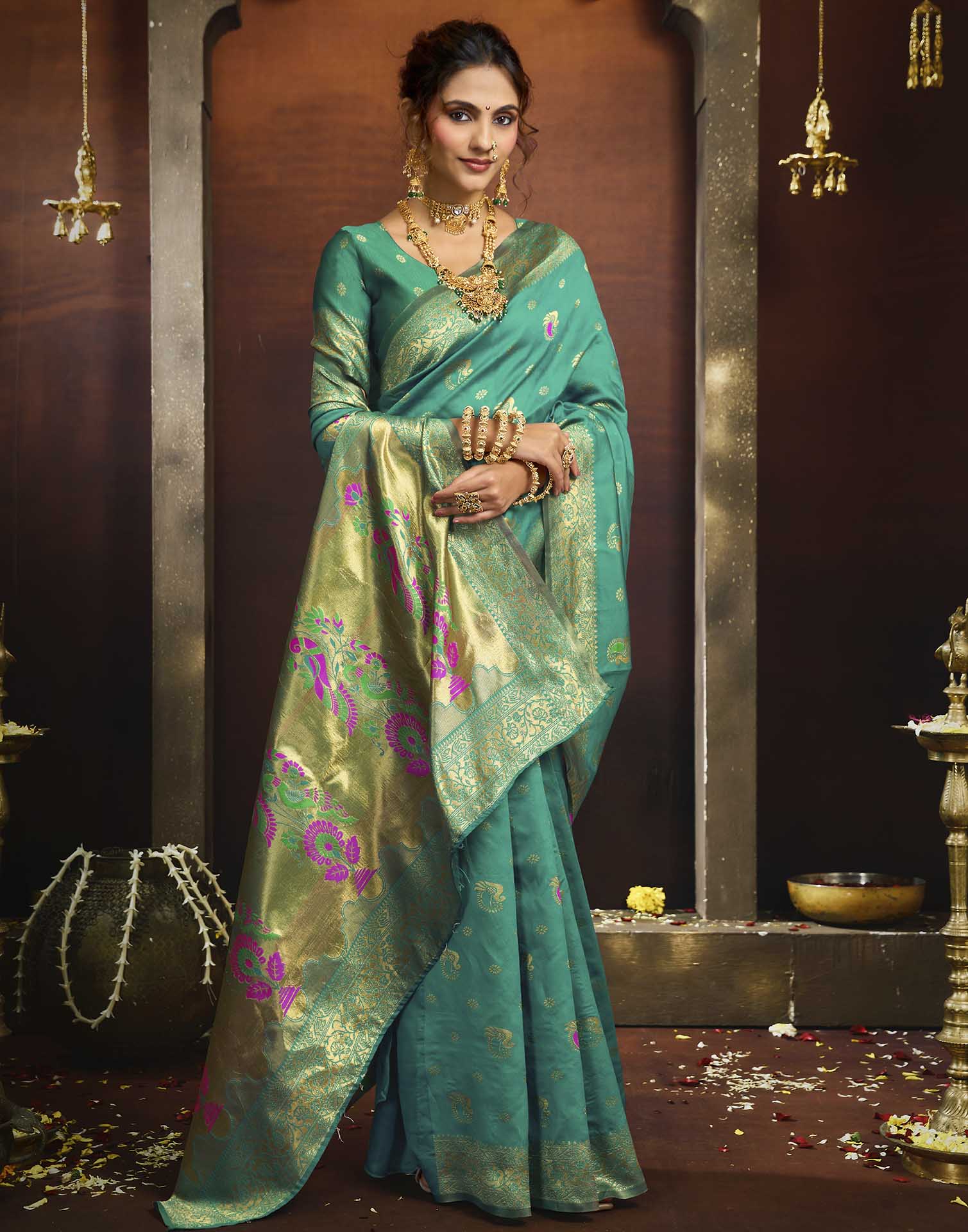 Turquoise Silk Woven Paithani Saree