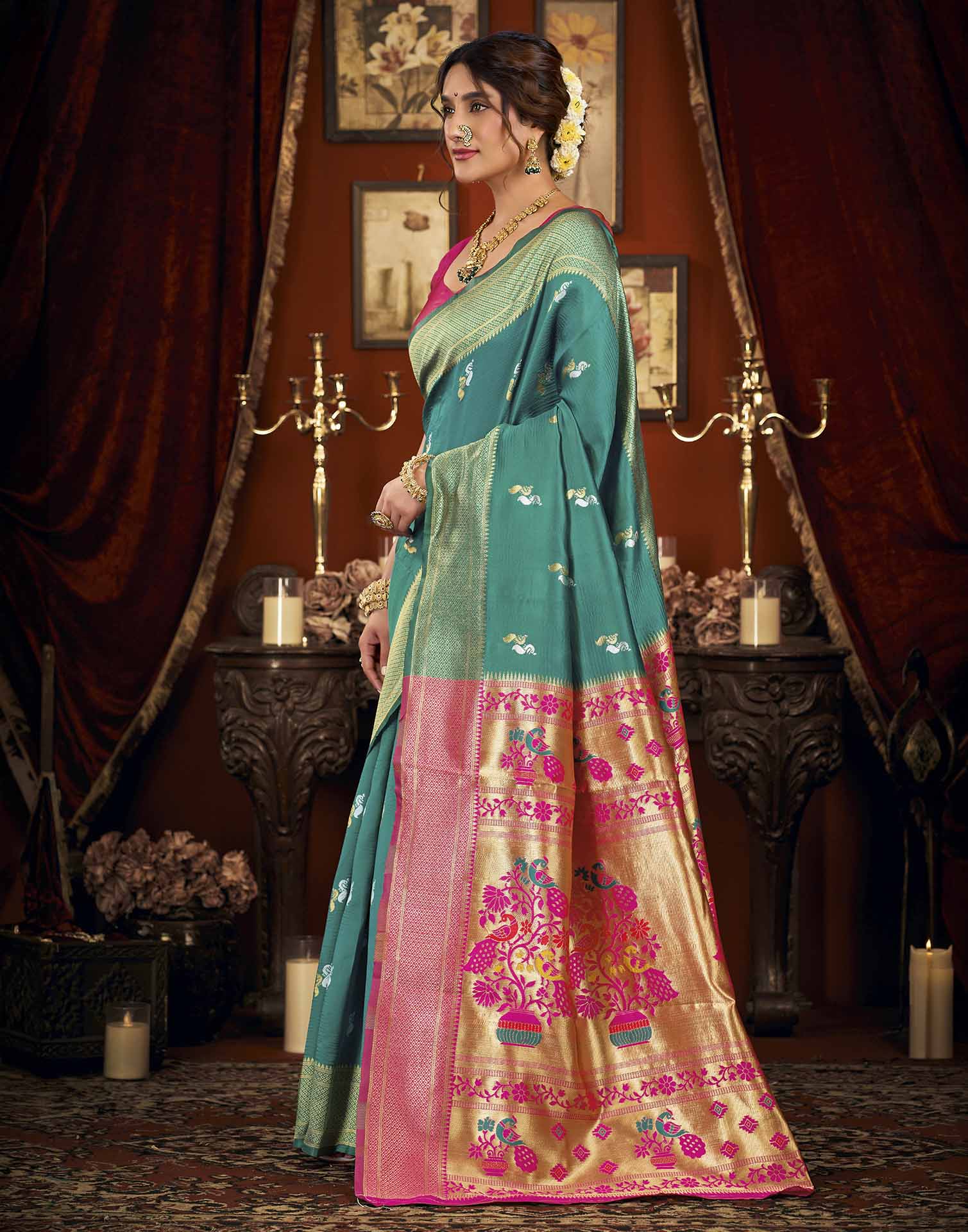 Turquoise Silk Woven Paithani Saree