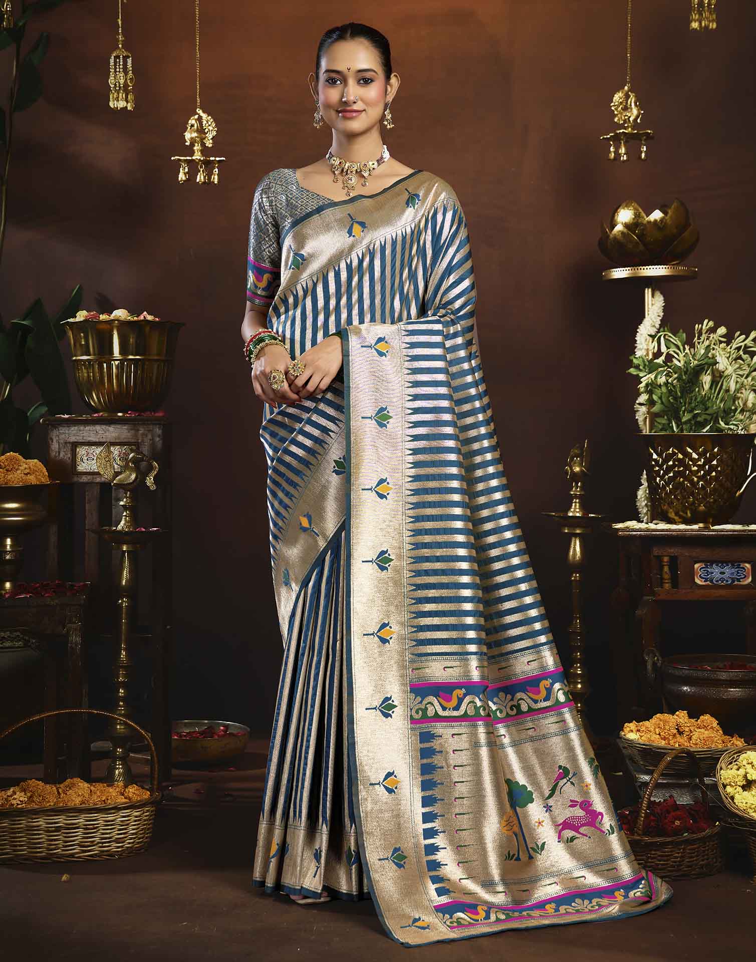 Peacock Blue Silk Woven Paithani Saree