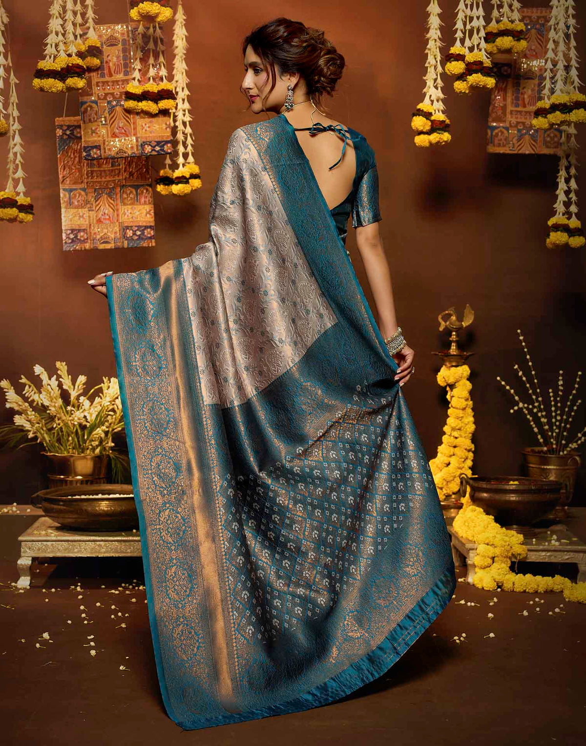 Peach Silk Woven Banarasi Saree