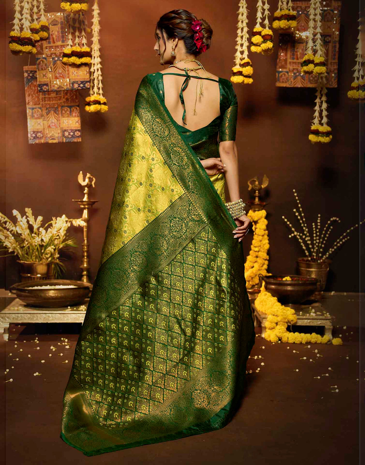 Lime Green Silk Woven Banarasi Saree