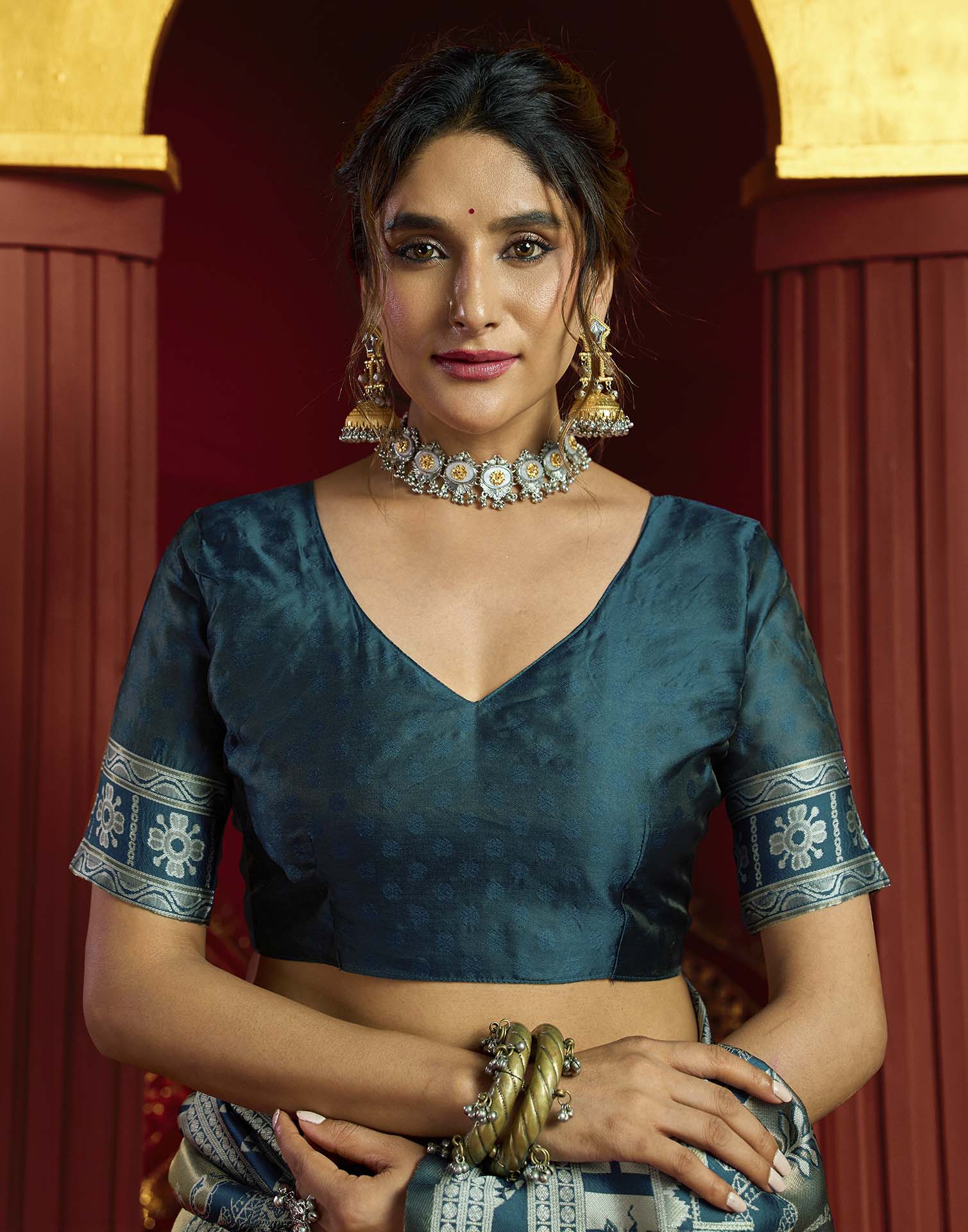 Teal Green Silk Woven Baluchari Saree