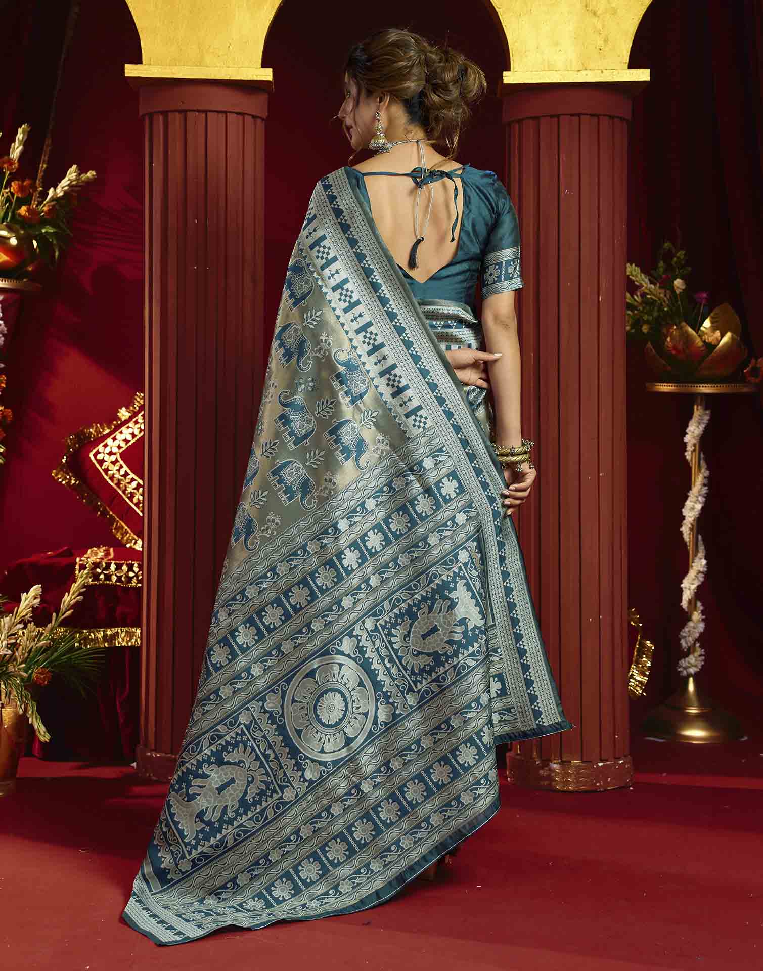 Teal Green Silk Woven Baluchari Saree