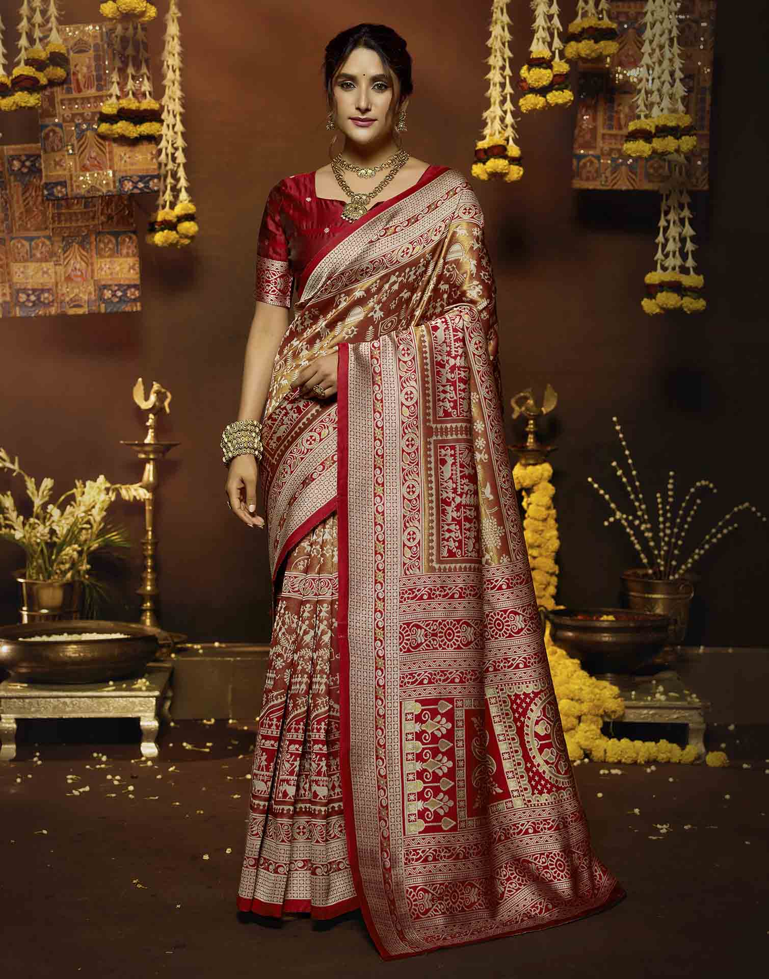Red Silk Woven Warli Motif Saree