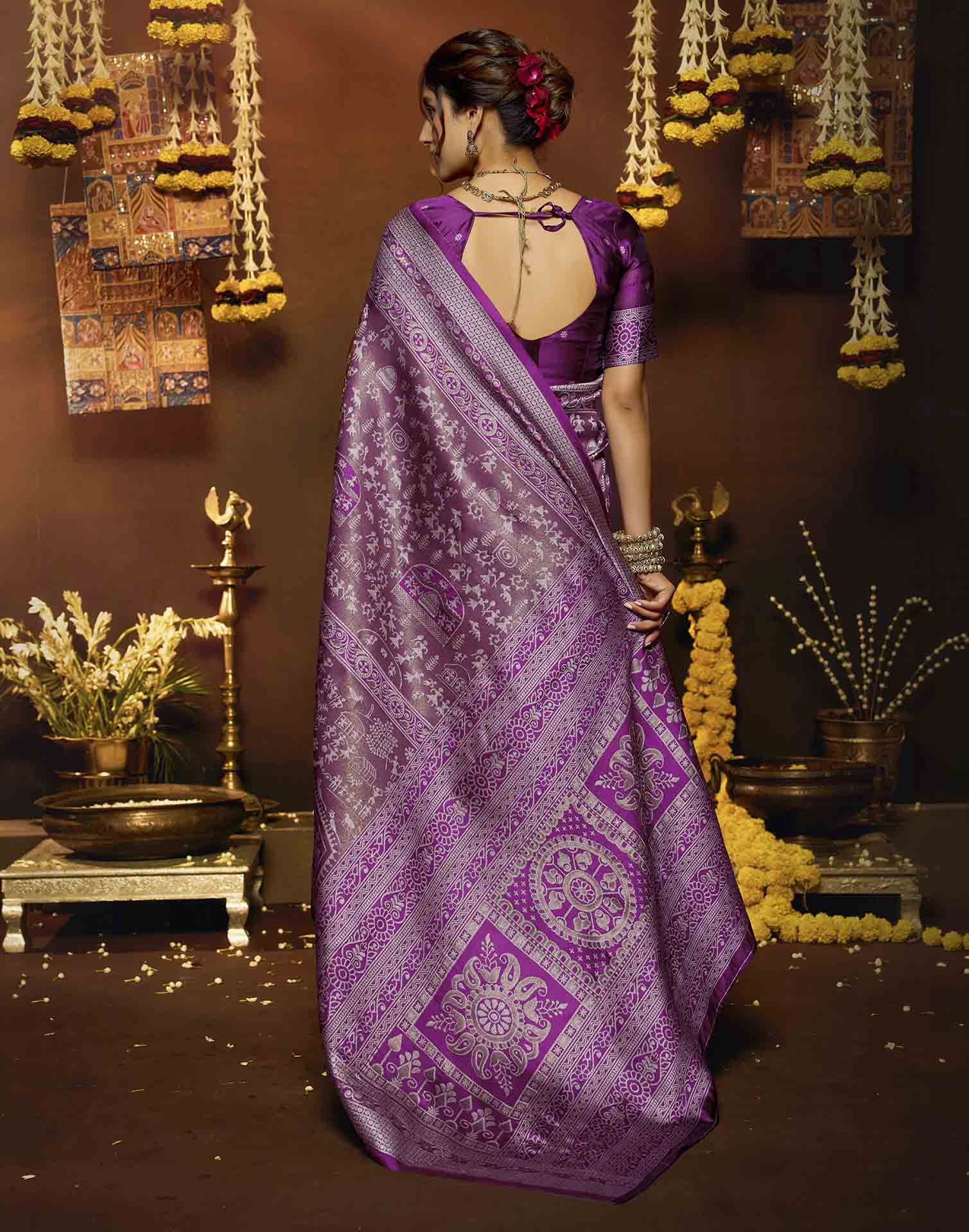 Pink Silk Woven Warli Motif Saree