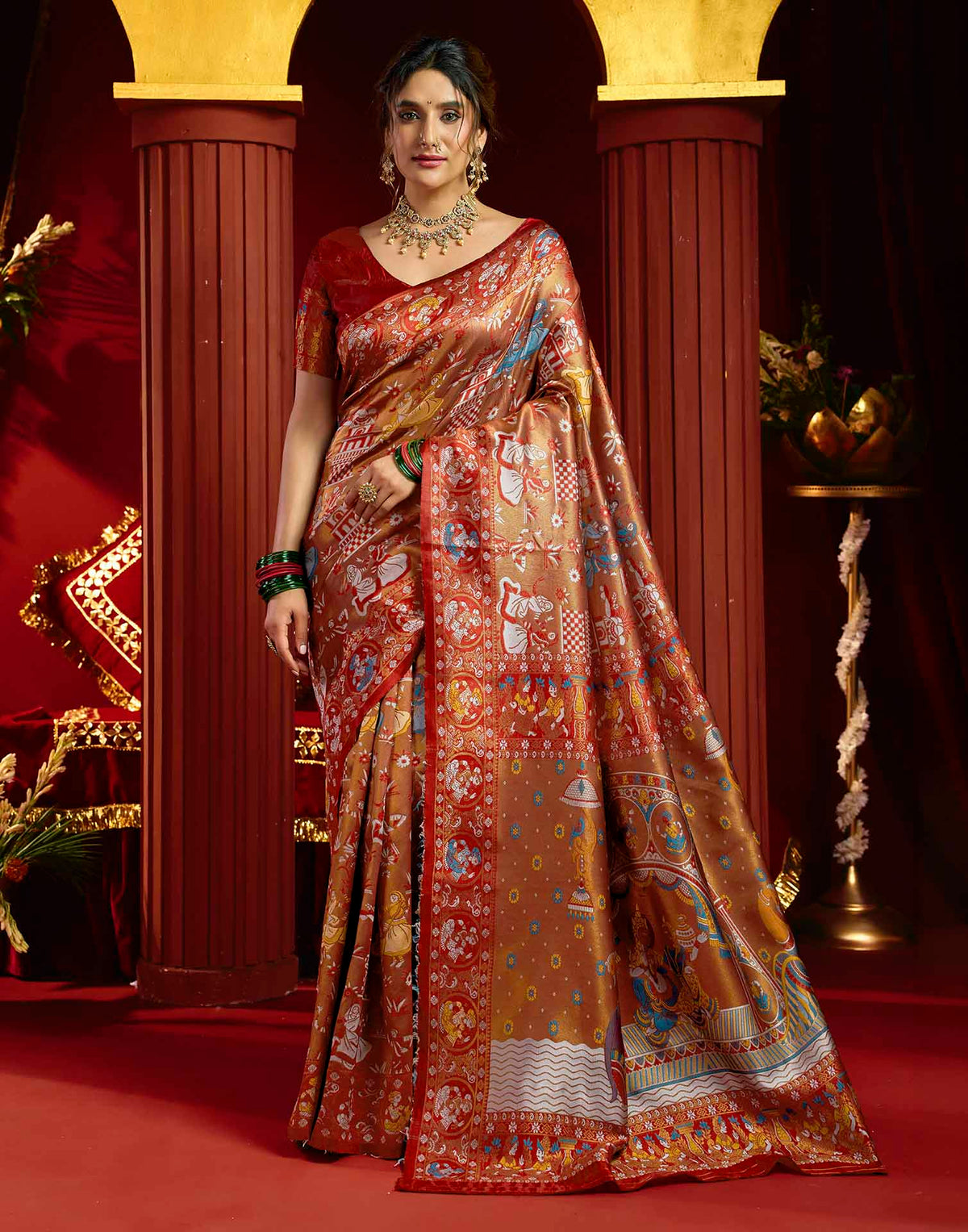 Orange Silk Woven Kalamkari Saree