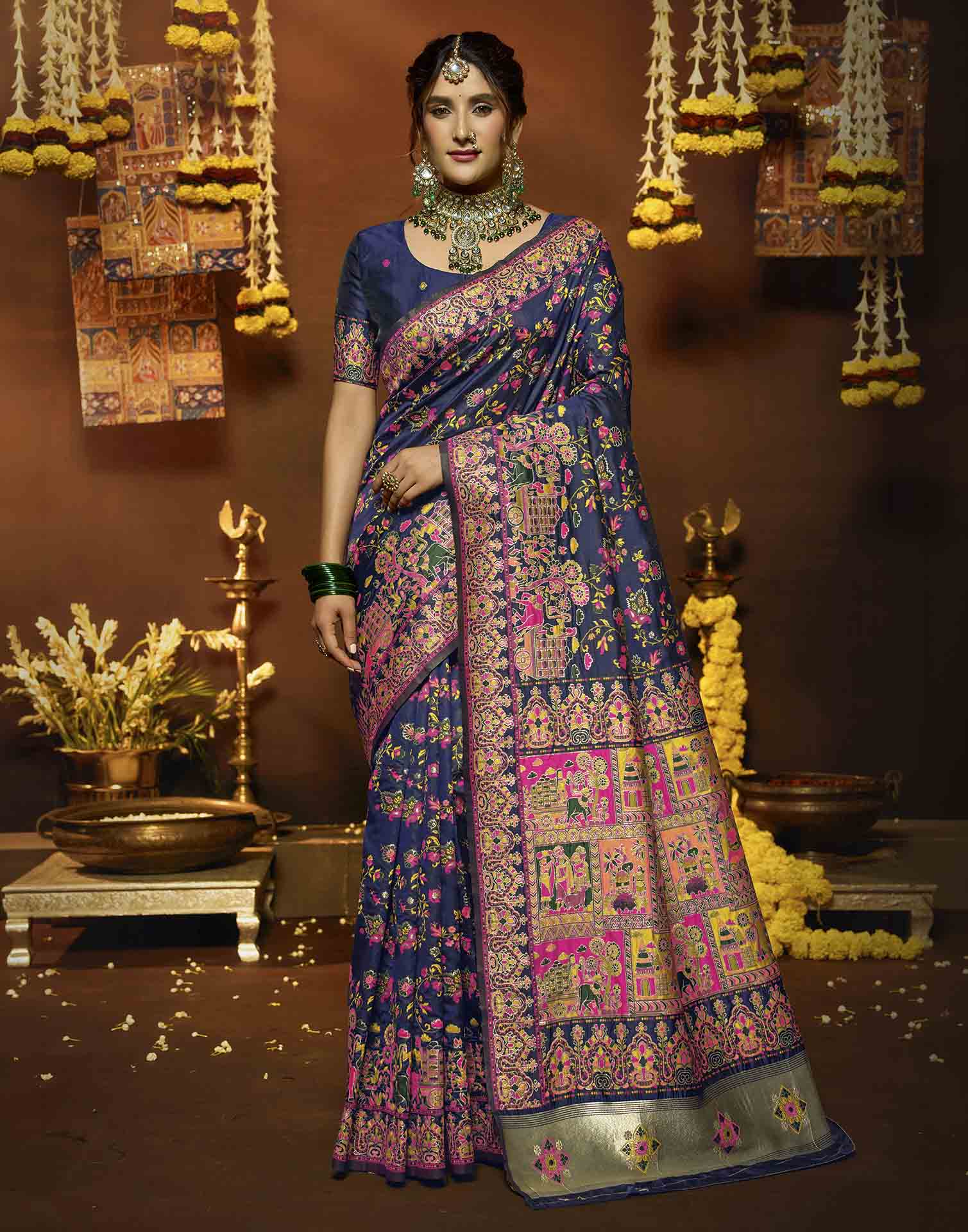 Navy Blue Silk Woven Banarasi Saree