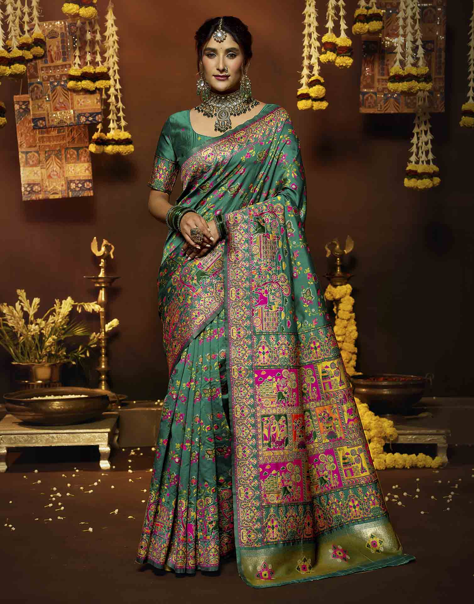 Teal Blue Silk Woven Banarasi Saree
