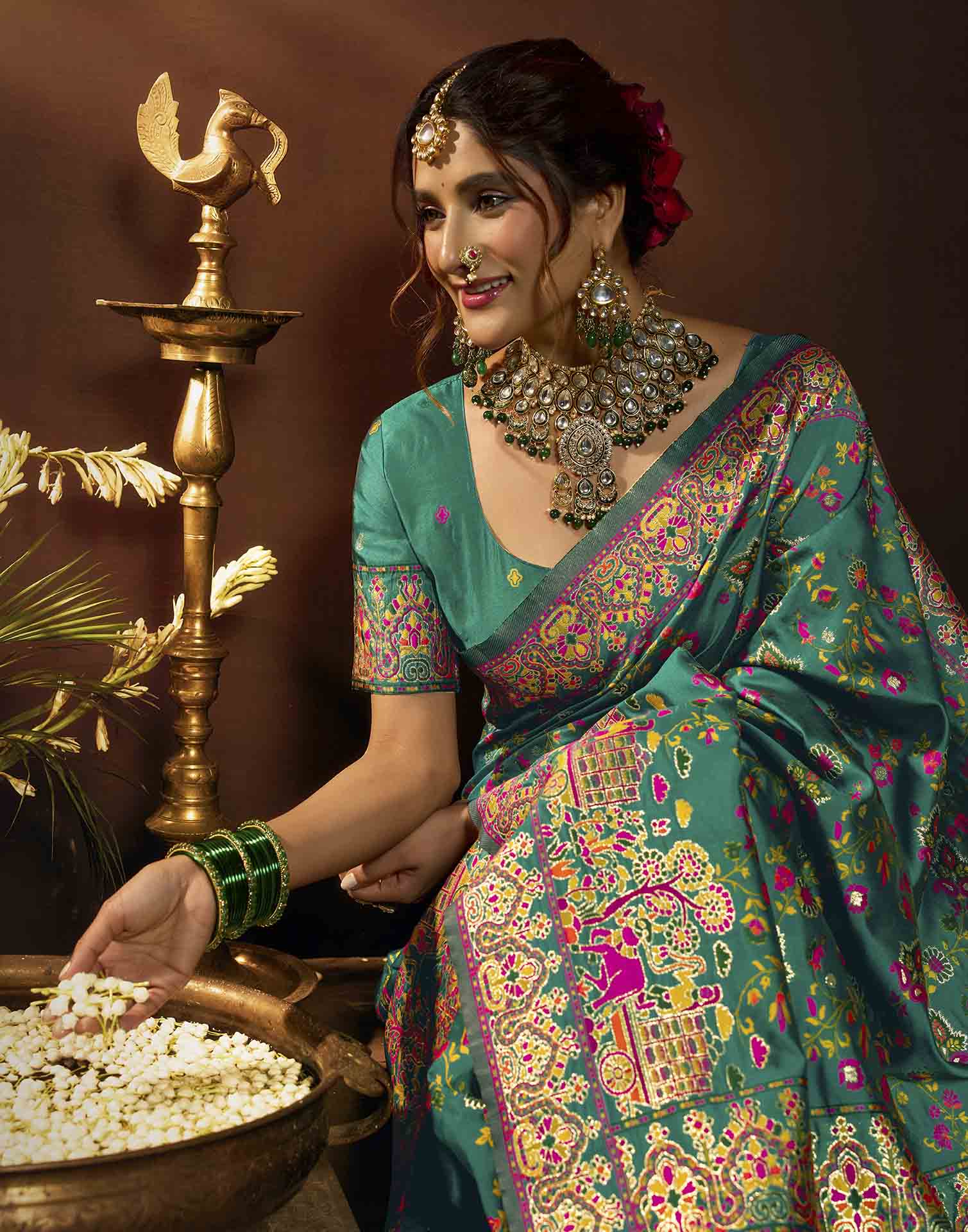 Teal Blue Silk Woven Banarasi Saree