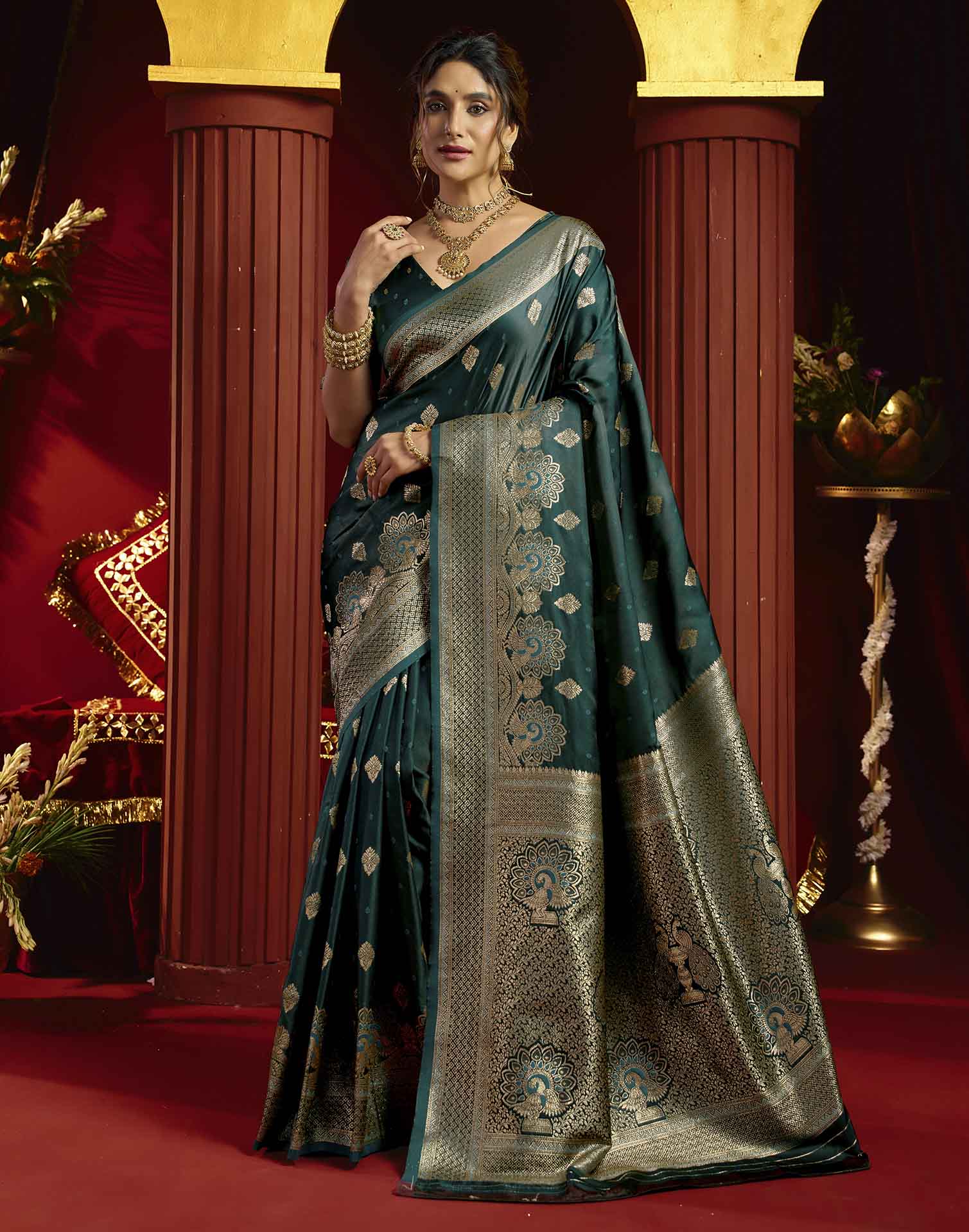 Teal Blue Silk Woven Banarasi Saree