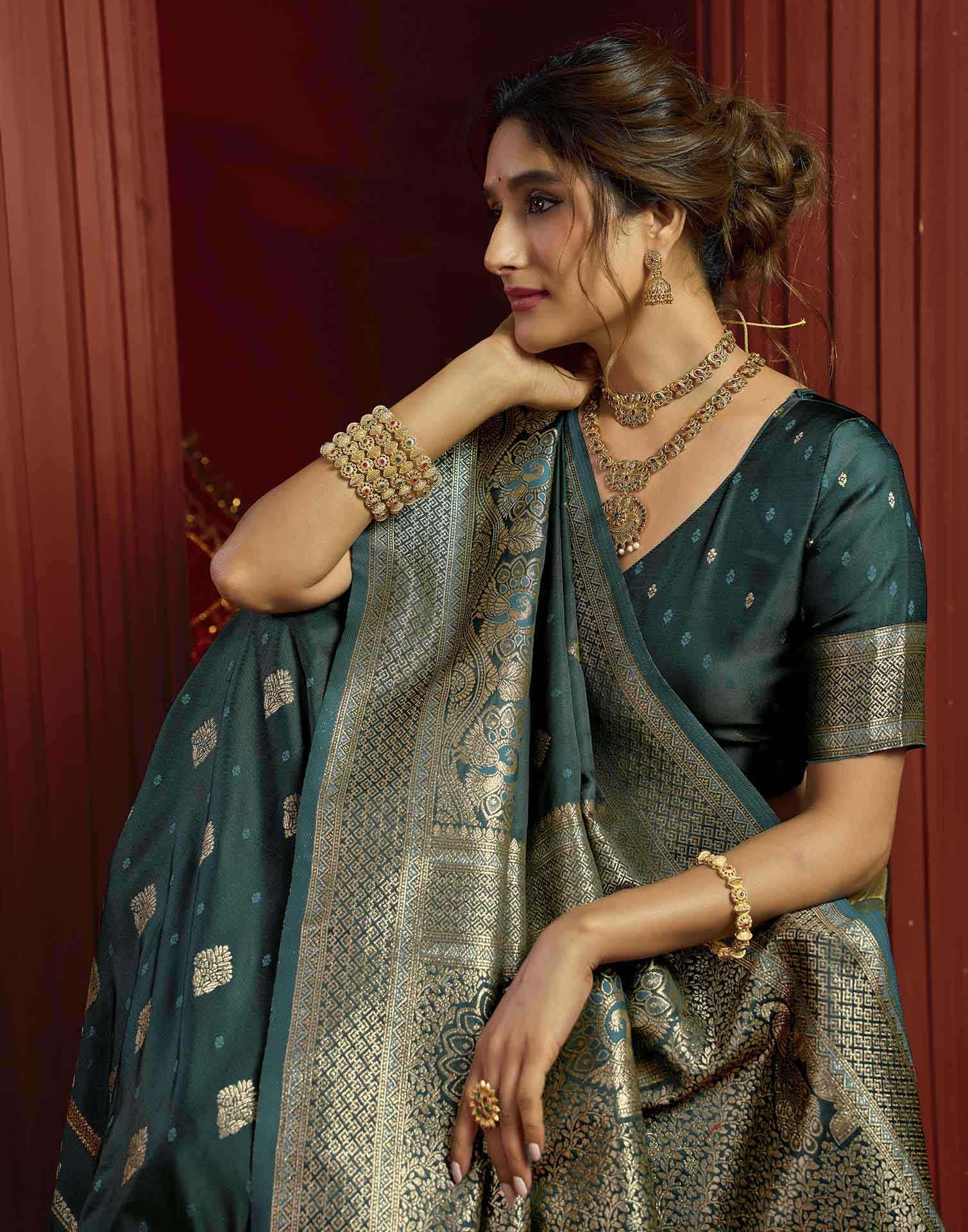 Teal Blue Silk Woven Banarasi Saree