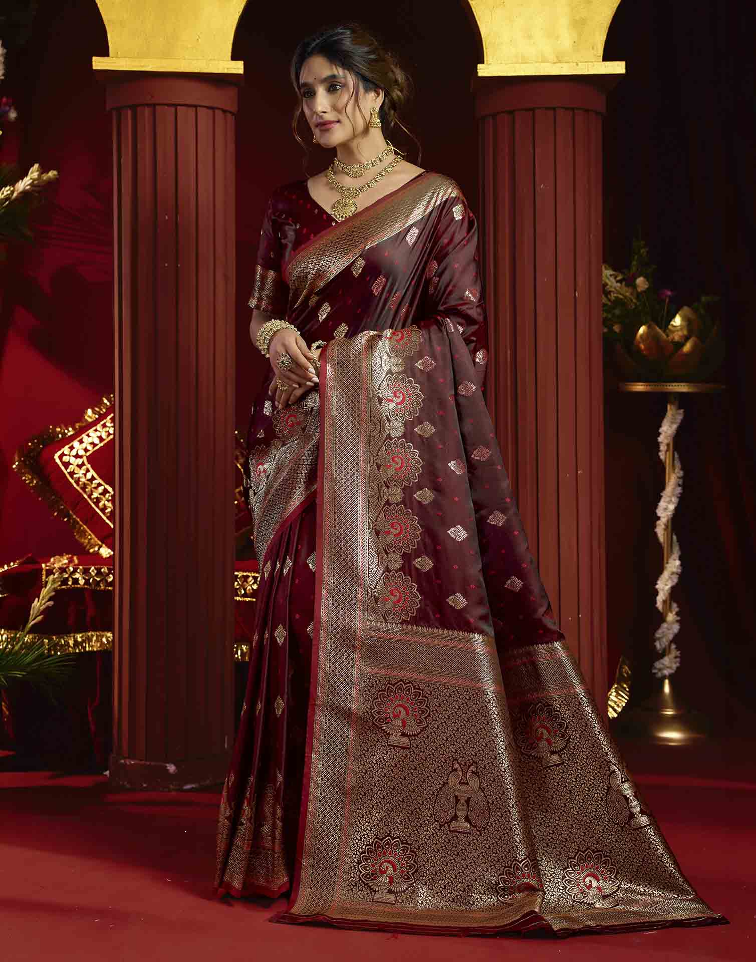 Maroon Silk Woven Banarasi Saree