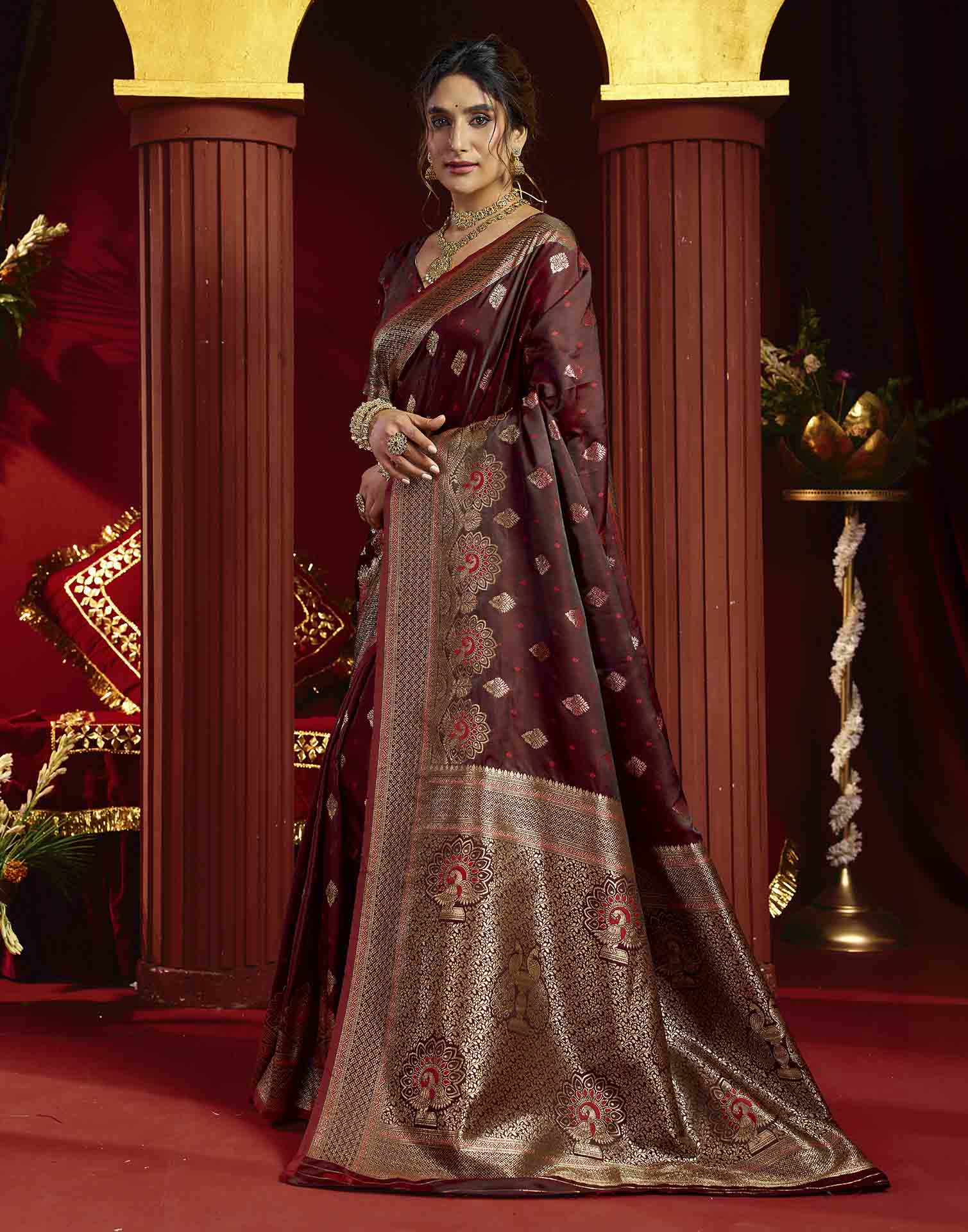 Maroon Silk Woven Banarasi Saree