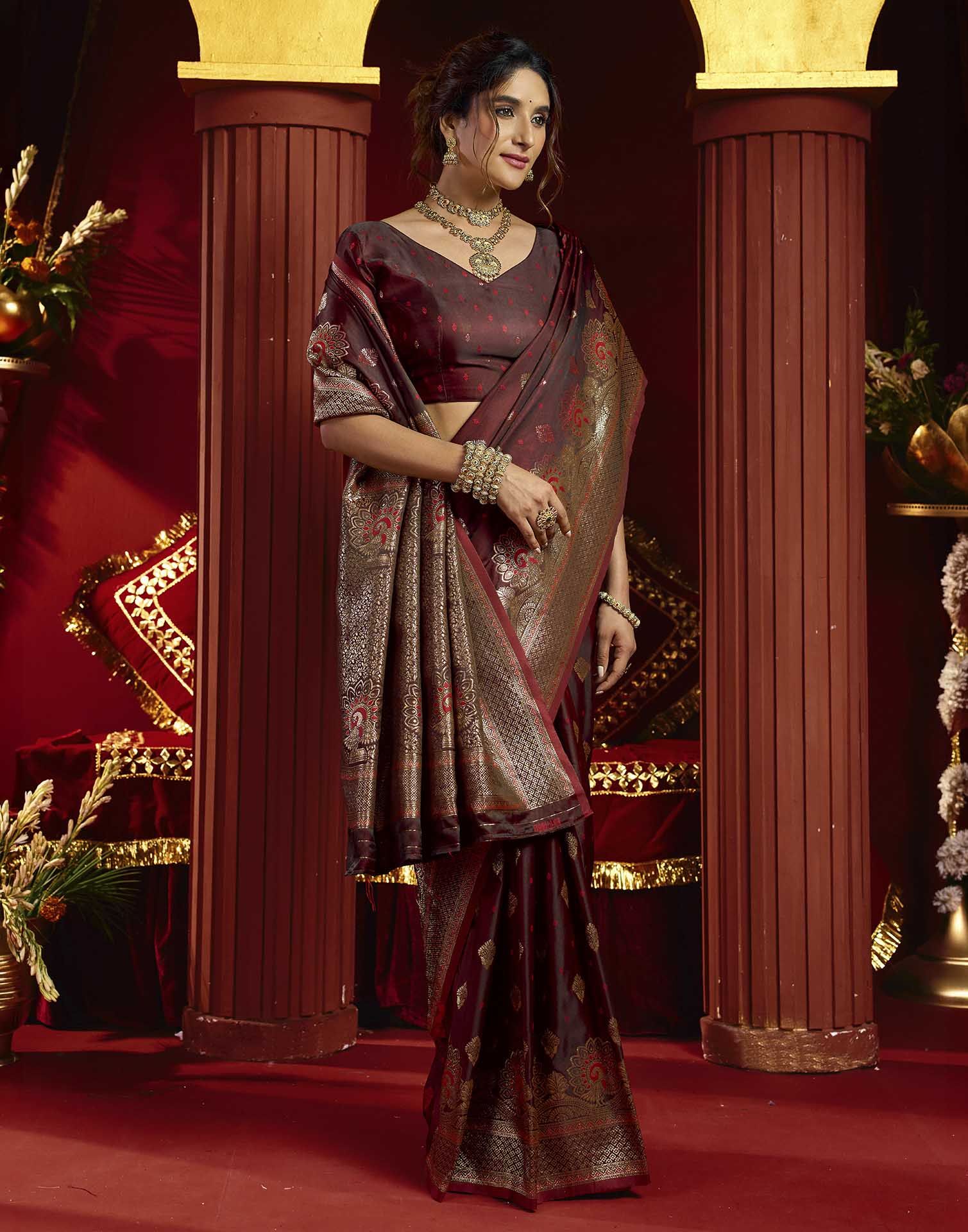 Maroon Silk Woven Banarasi Saree