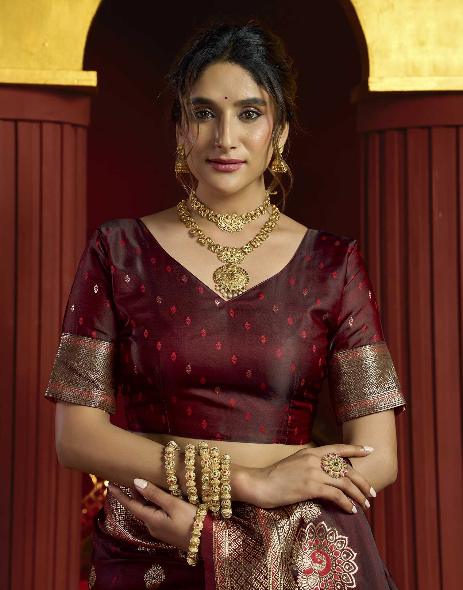 Maroon Silk Woven Banarasi Saree