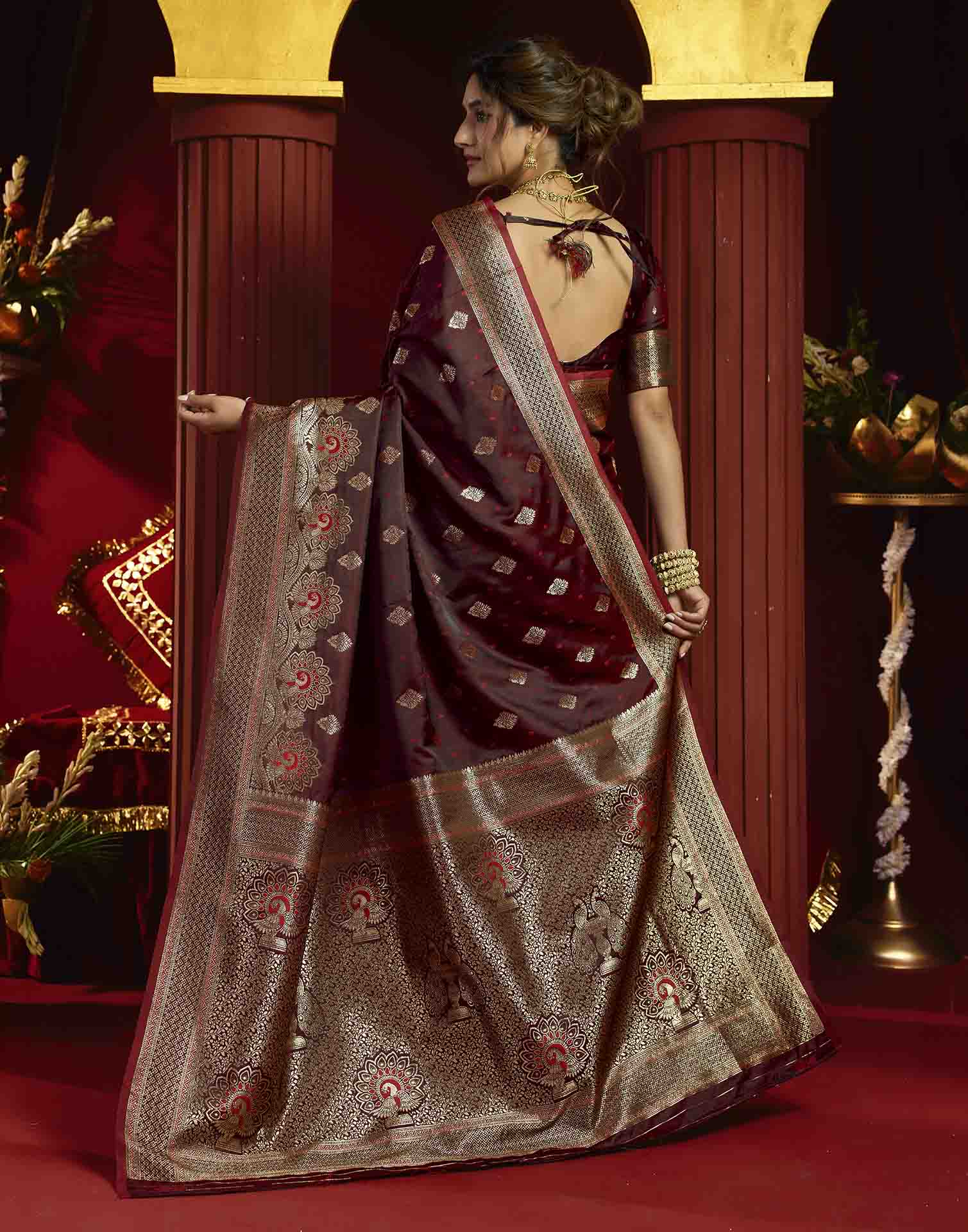 Maroon Silk Woven Banarasi Saree