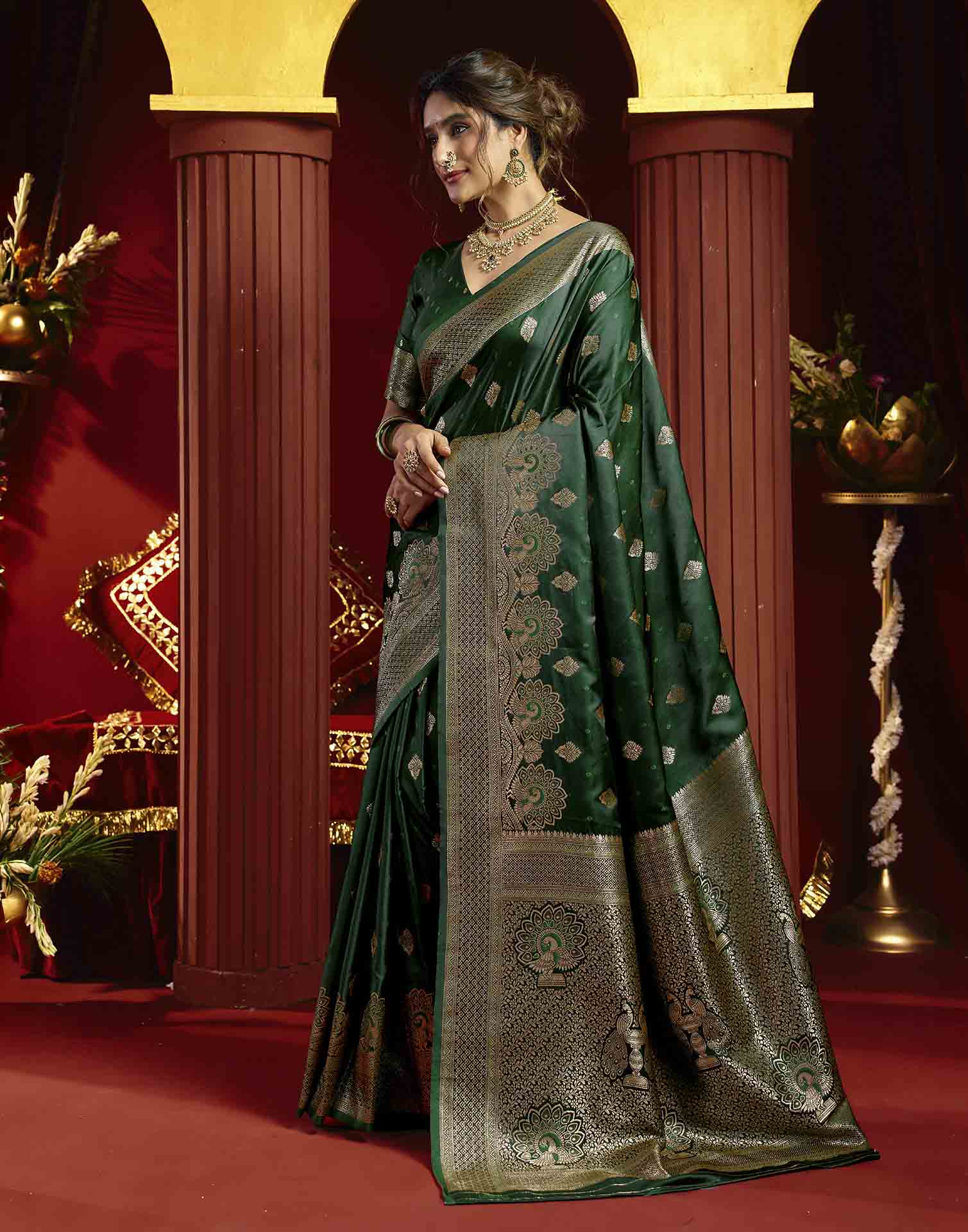 Dark Green Silk Woven Banarasi Saree