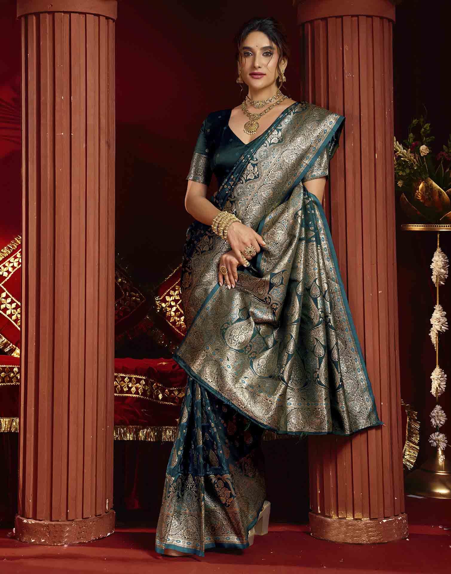 Teal Blue Silk Woven Banarasi Saree