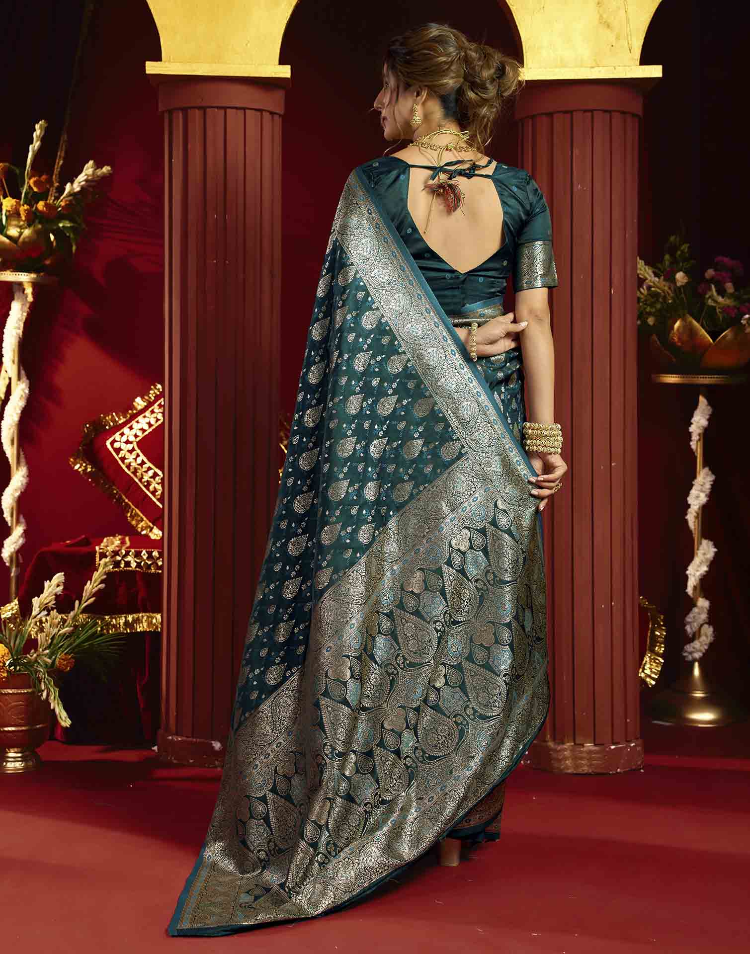 Teal Blue Silk Woven Banarasi Saree