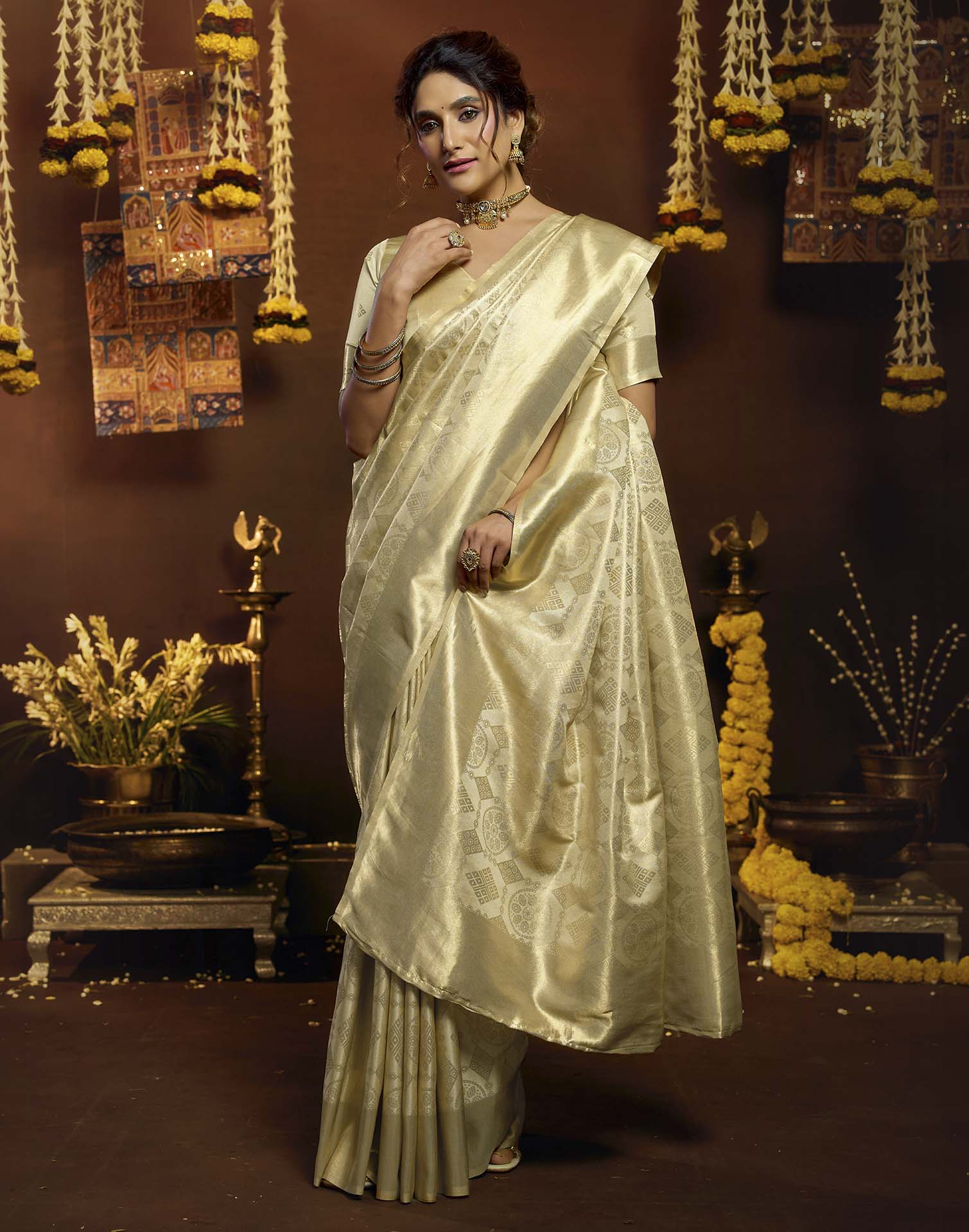 Cream Silk Woven Banarasi Saree