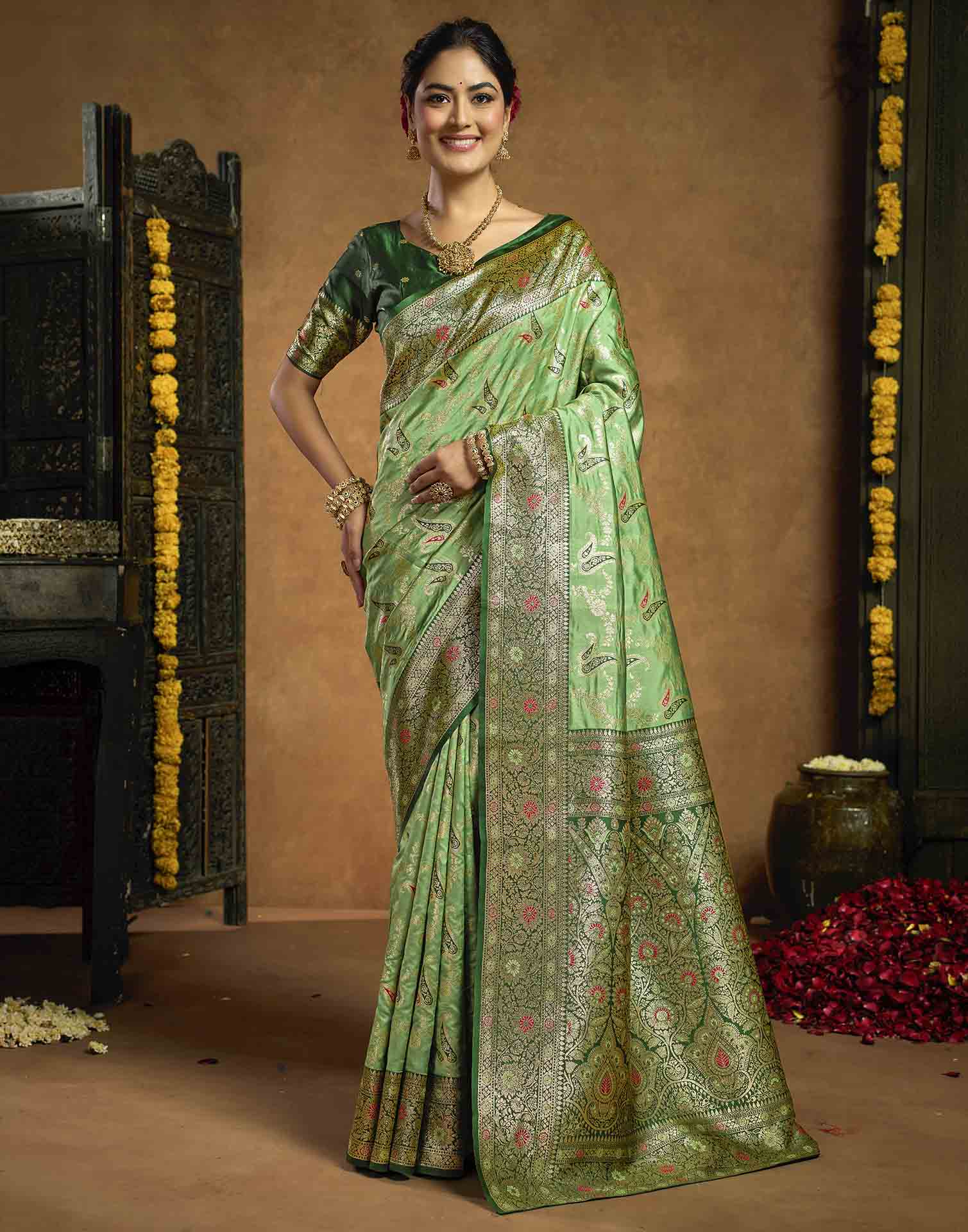 Parrot Green Silk Woven Banarasi Saree