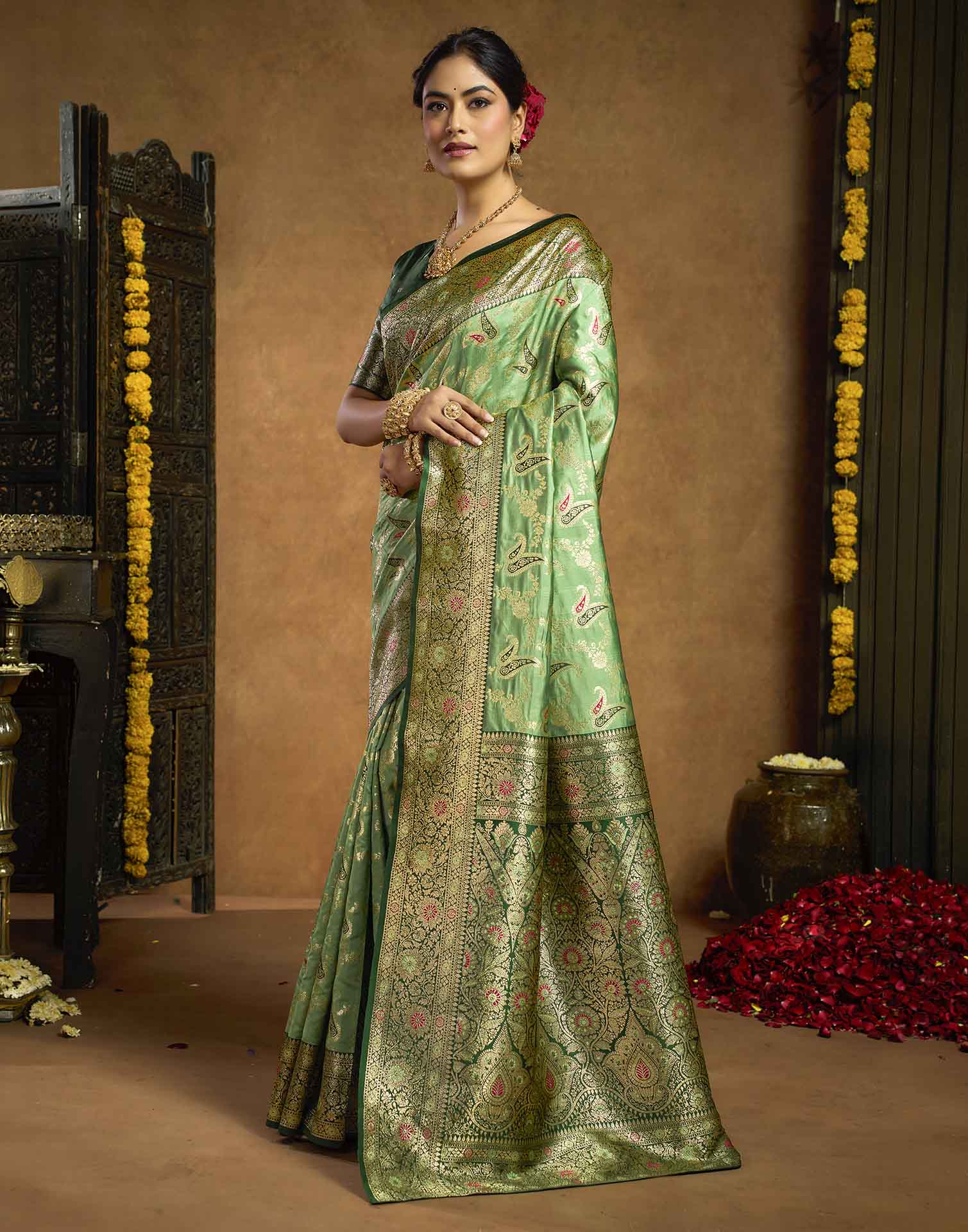 Parrot Green Silk Woven Banarasi Saree