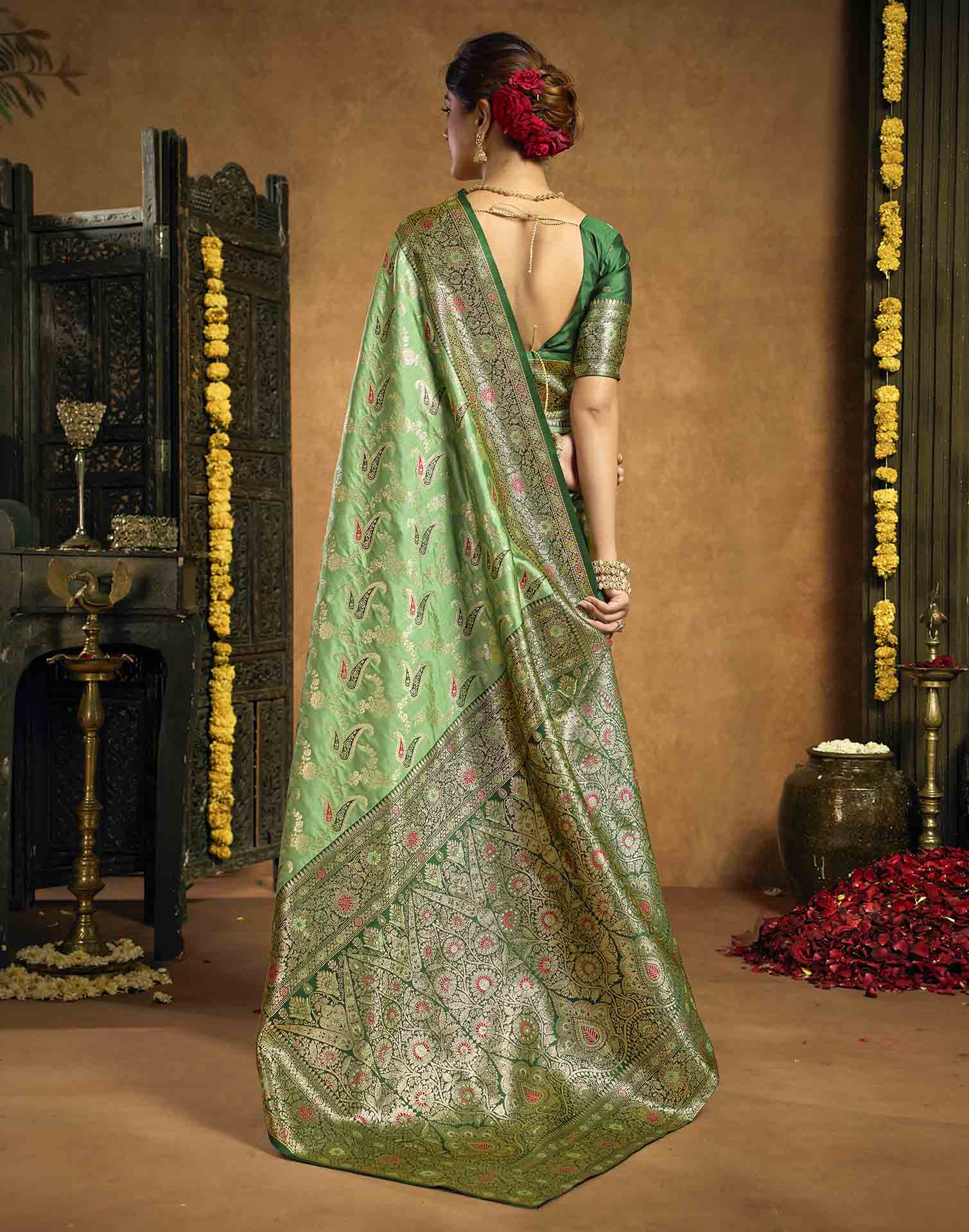 Parrot Green Silk Woven Banarasi Saree