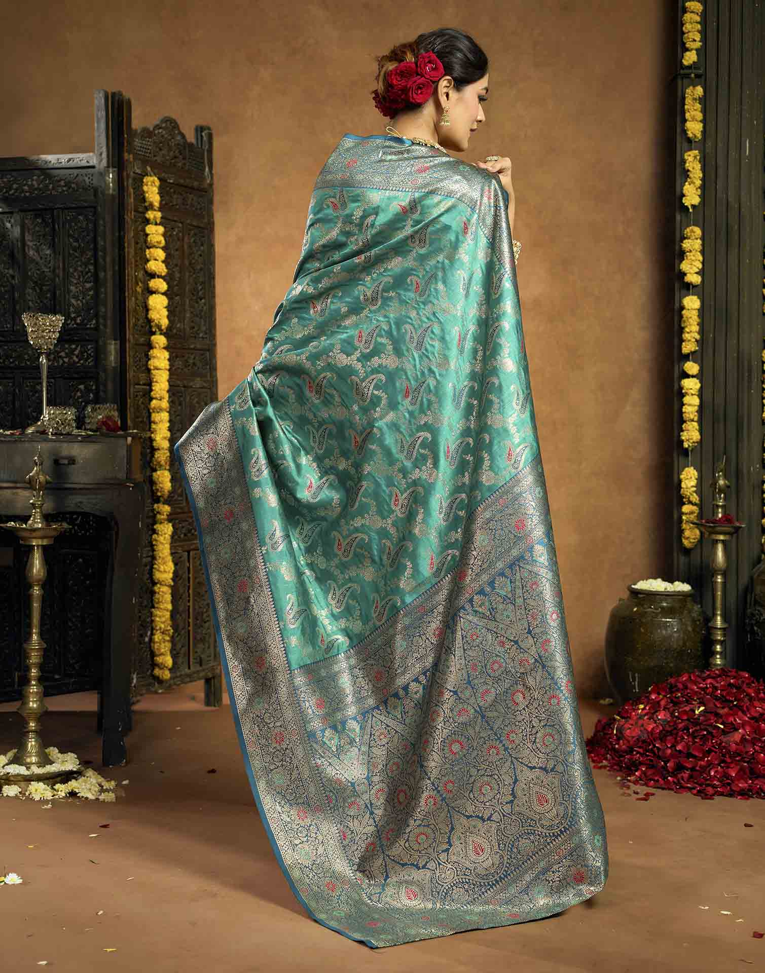 Aqua Blue Silk Woven Banarasi Saree