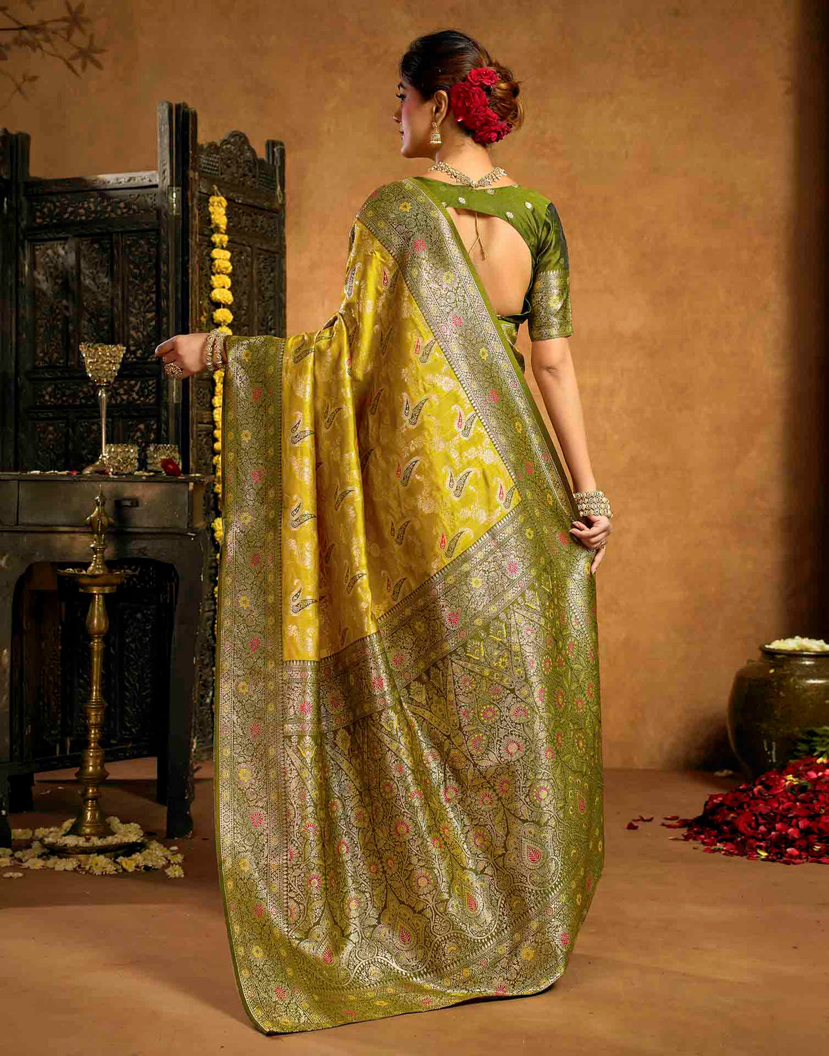 Mustard Yellow Silk Woven Banarasi Saree