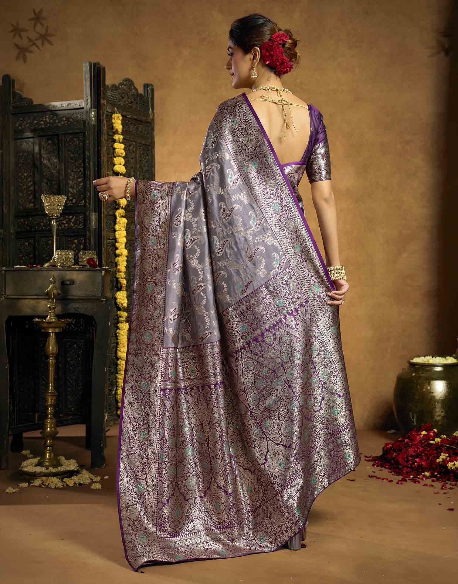 Dusty Lavender Silk Woven Banarasi Saree