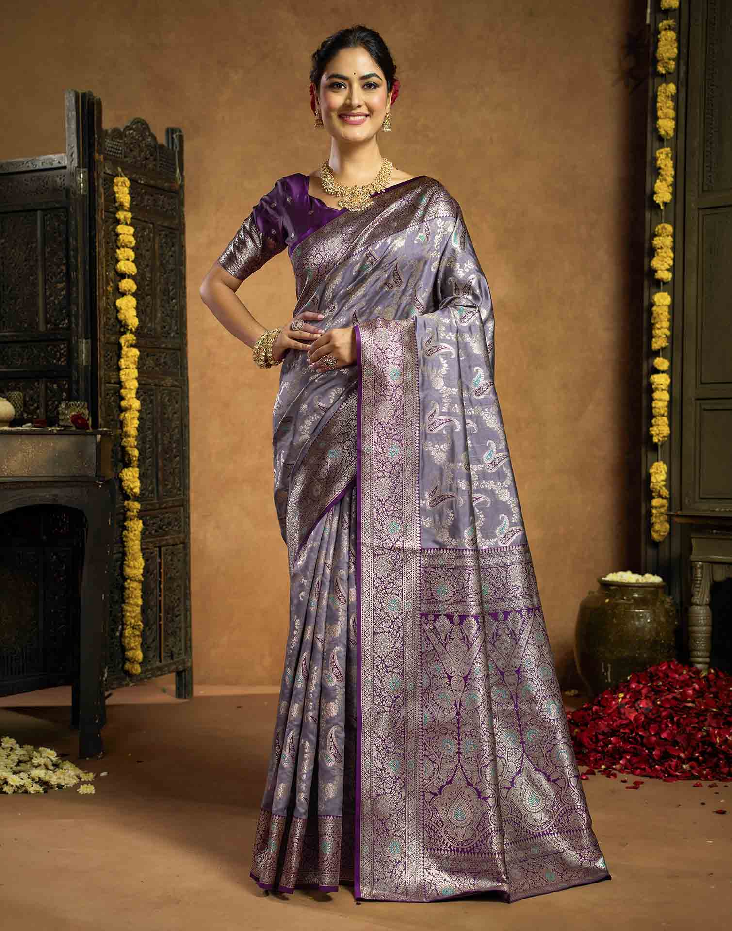 Dusty Lavender Silk Woven Banarasi Saree