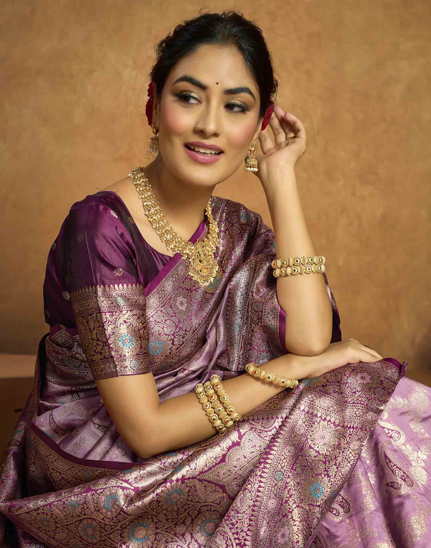 Mauve Silk Woven Banarasi Saree